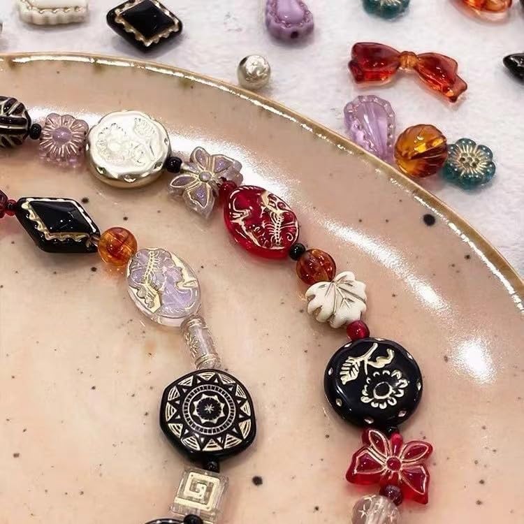120-160Pcs Cute Assorted Kawaii Aesthetic Beads 100G Vintage Bohemian Acrylic Bead in Bulk Round Oval Butterfly Flower Czech Style Beads Jewelry Making Metal Enlaced Charm DIY Craft（Dark Colorful）