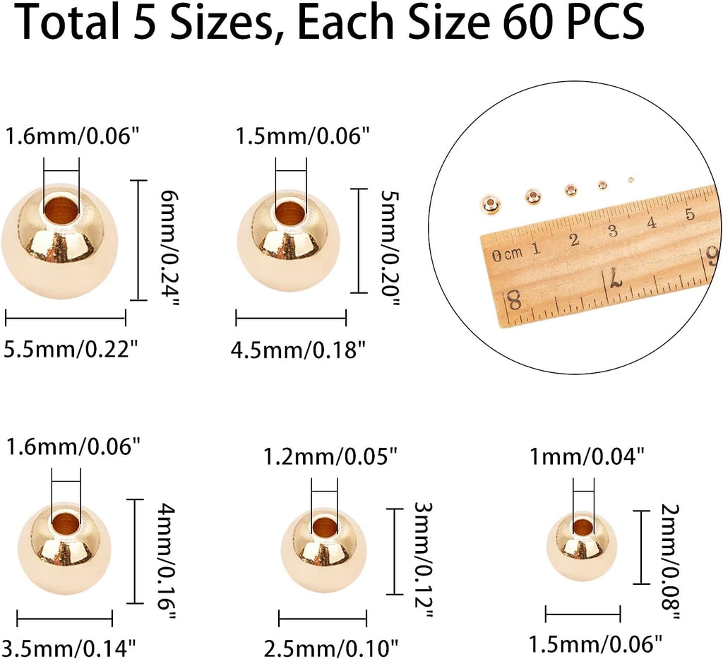 PH PandaHall 14K Gold Plated Spacer Beads, 300pcs Round Brass Beads 5 Size Metal Smooth Beads Seamless Ball Beads Long-lasting Little Beads for Summer Bracelet Necklace Jewelry DIY Crafts(2/3/4/5/6mm)