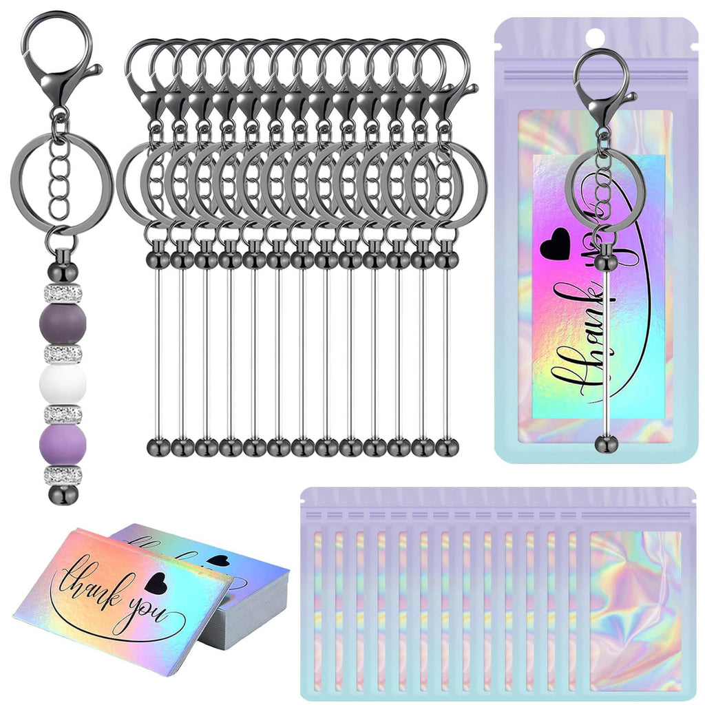 42/84/126 Pcs Beadable Keychain Bars Bulk Blank DIY Beaded Keychain Making Supplies with Bag Thank You Card