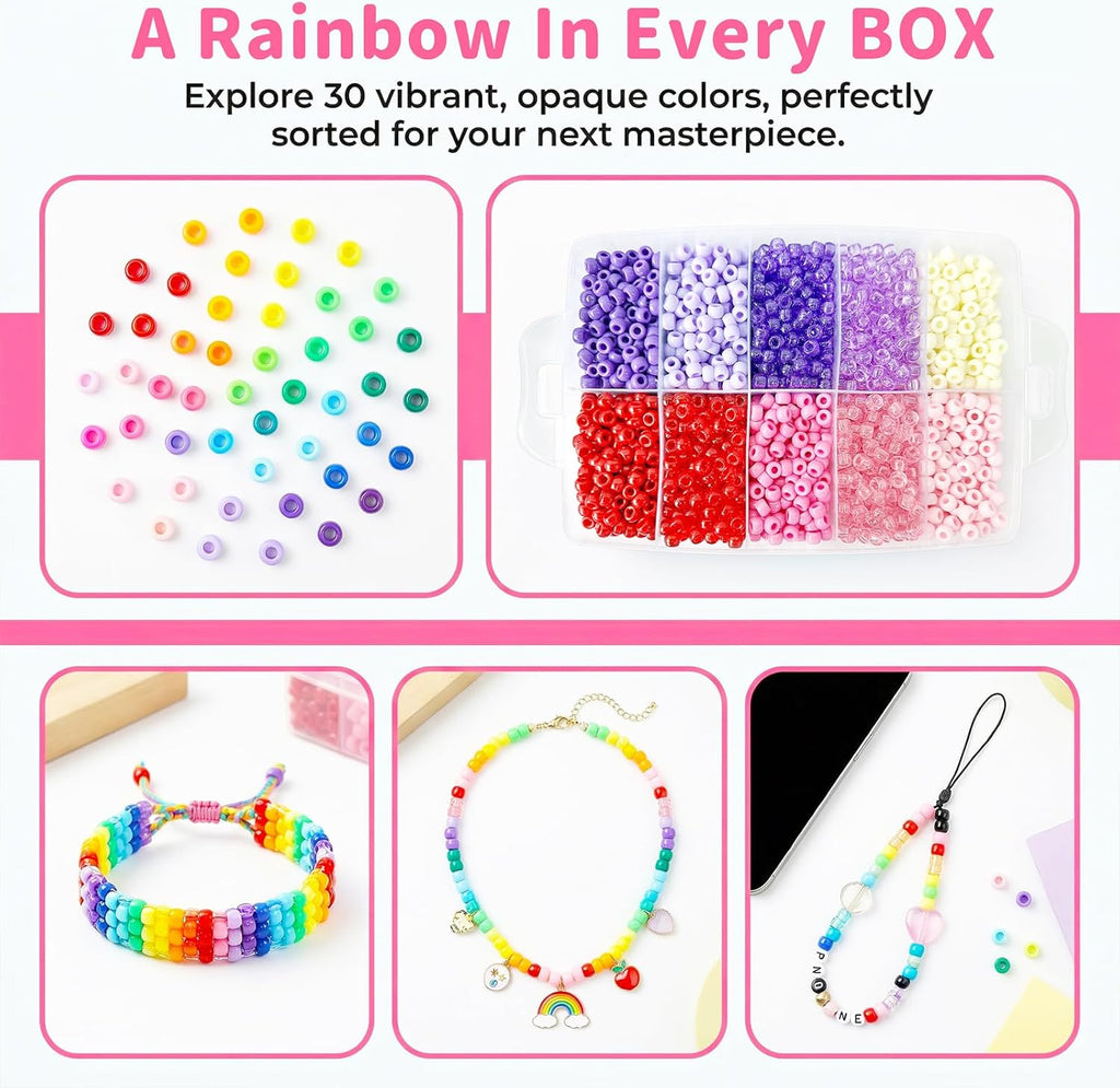 Pony Beads Bulk for Jewelry Making, 30+ Colorful 10000+Perler Beads for Bracelets, Necklaces & Crafts, Premium Plastic Beads Kit