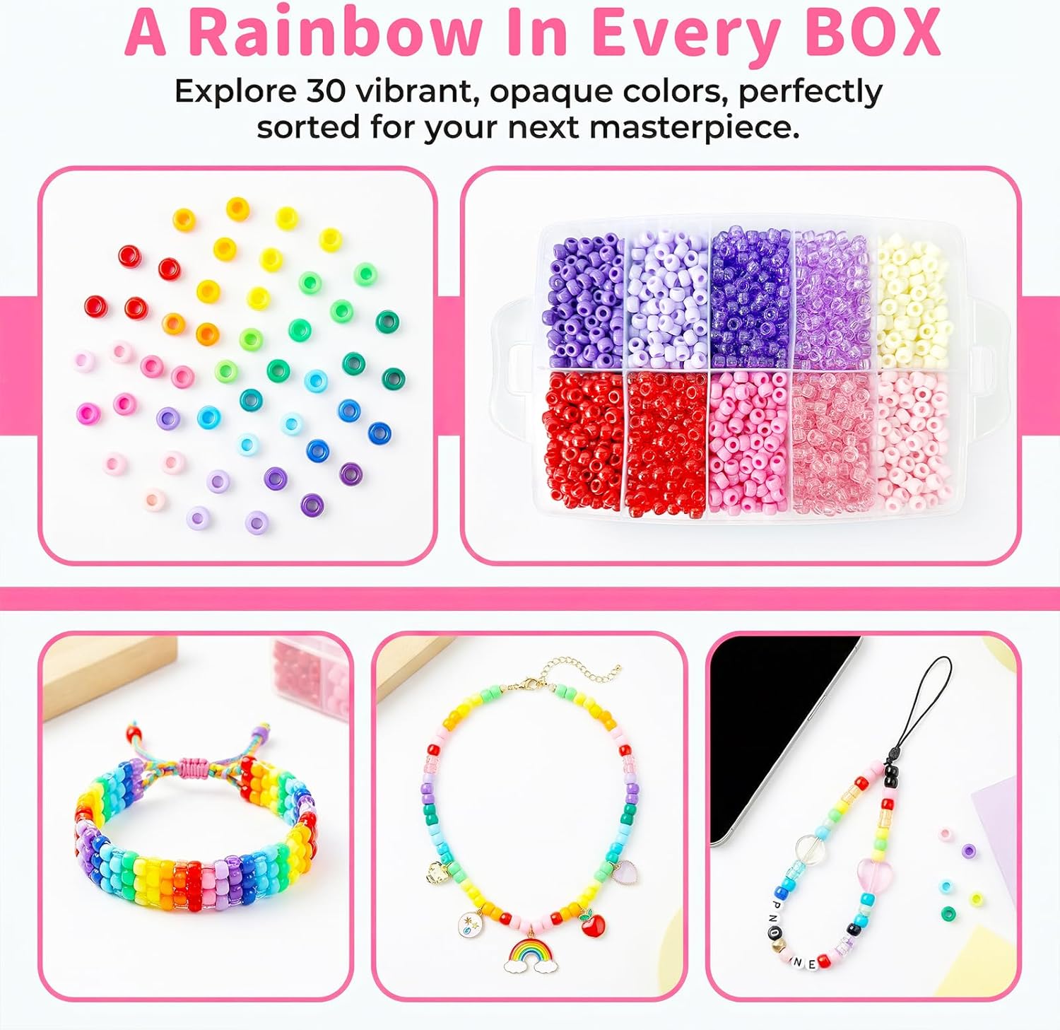 Pony Beads Bulk for Jewelry Making, 30+ Colorful 10000+Perler Beads for Bracelets, Necklaces & Crafts, Premium Plastic Beads Kit