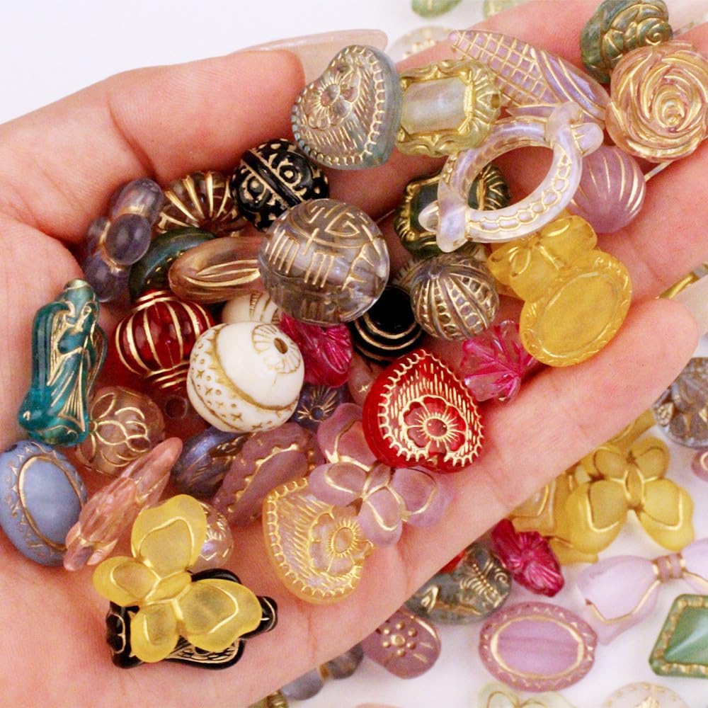 120-160Pcs Cute Assorted Kawaii Aesthetic Beads 100G Vintage Bohemian Acrylic Bead in Bulk Round Oval Butterfly Flower Czech Style Beads Jewelry Making Metal Enlaced Charm DIY Craft（Dark Colorful）