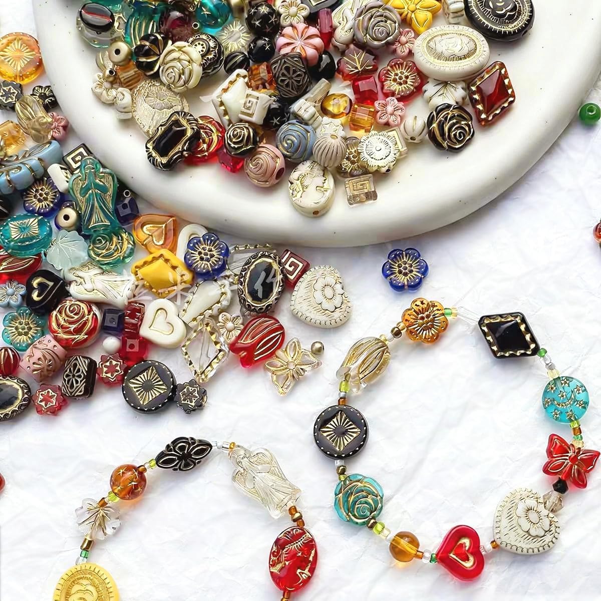 120-160Pcs Cute Assorted Kawaii Aesthetic Beads 100G Vintage Bohemian Acrylic Bead in Bulk Round Oval Butterfly Flower Czech Style Beads Jewelry Making Metal Enlaced Charm DIY Craft（Dark Colorful）