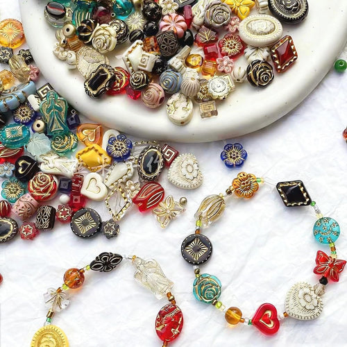 120-160Pcs Cute Assorted Kawaii Aesthetic Beads 100G Vintage Bohemian Acrylic Bead in Bulk Round Oval Butterfly Flower Czech Style Beads Jewelry Making Metal Enlaced Charm DIY Craft（Dark Colorful）