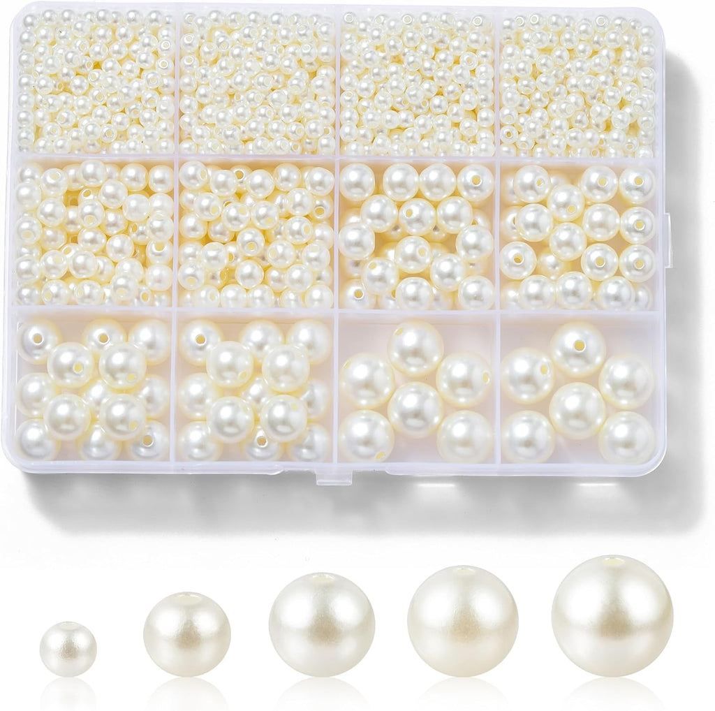 Hudinsun 1200 Pcs Pearl Beads for Jewelry Making, 5 Size Round Pearls for Bracelets Making Kit Small Pearl Filler Beads with Hole for DIY Craft Necklace Earrings