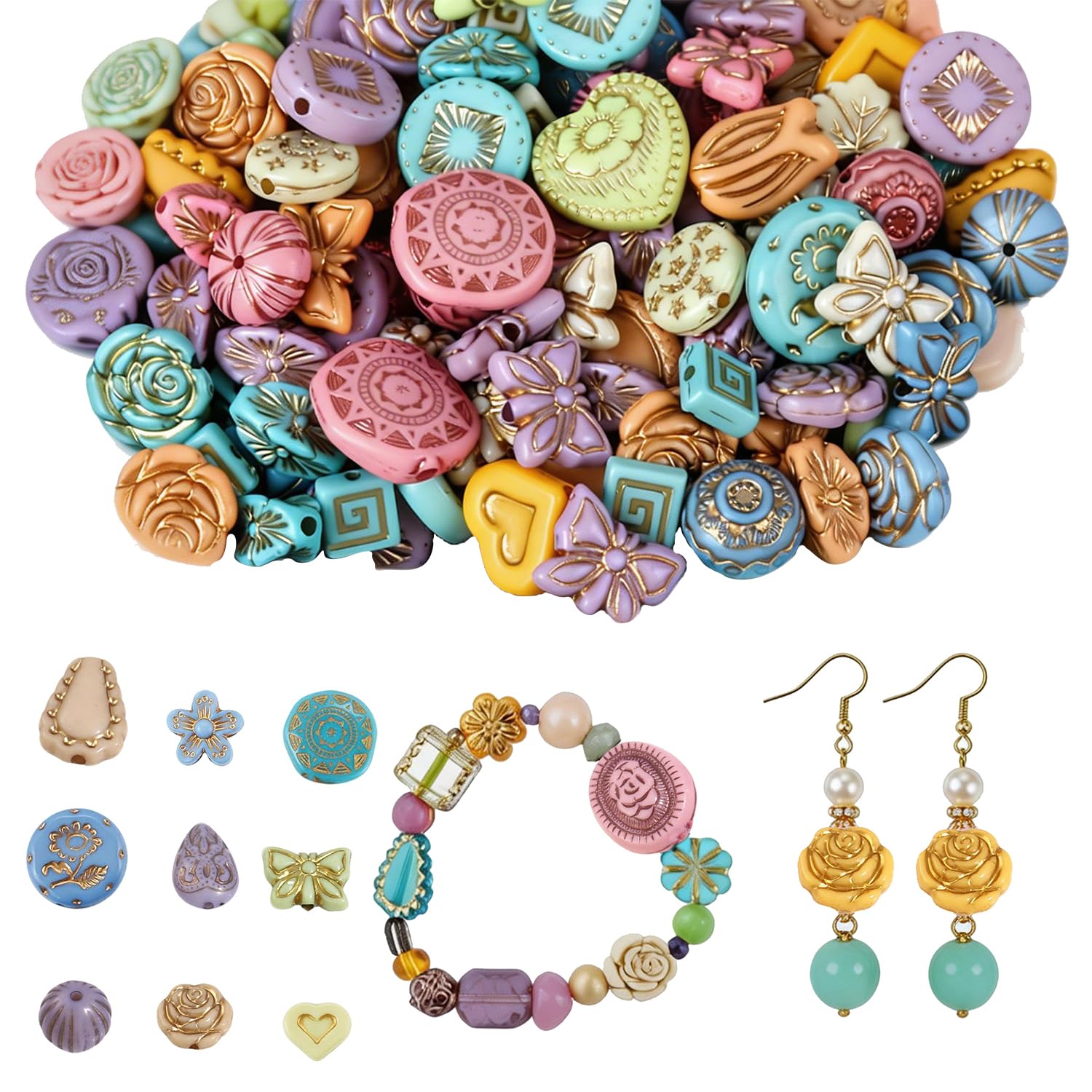 120-160Pcs Cute Assorted Kawaii Aesthetic Beads 100G Vintage Bohemian Acrylic Bead in Bulk Round Oval Butterfly Flower Czech Style Beads Jewelry Making Metal Enlaced Charm DIY Craft（Dark Colorful）
