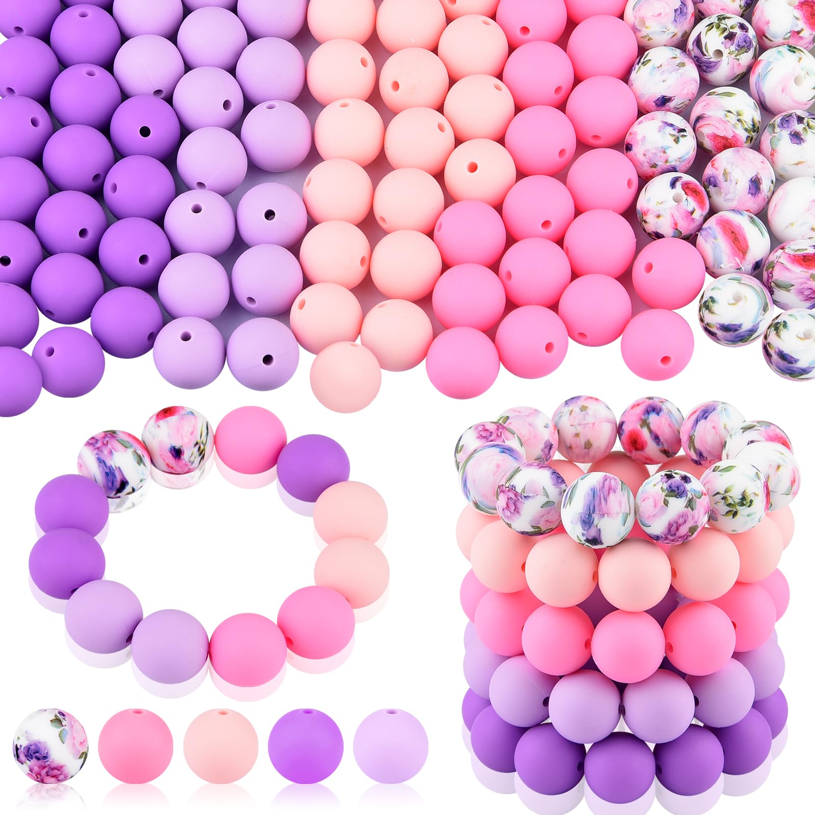 ASTARON 100 Pcs 15mm Silicone Beads for Keychain Making, Yellow Green Blue Pink Silicone Bulk Round Beads for Bracelets Pens Crafts