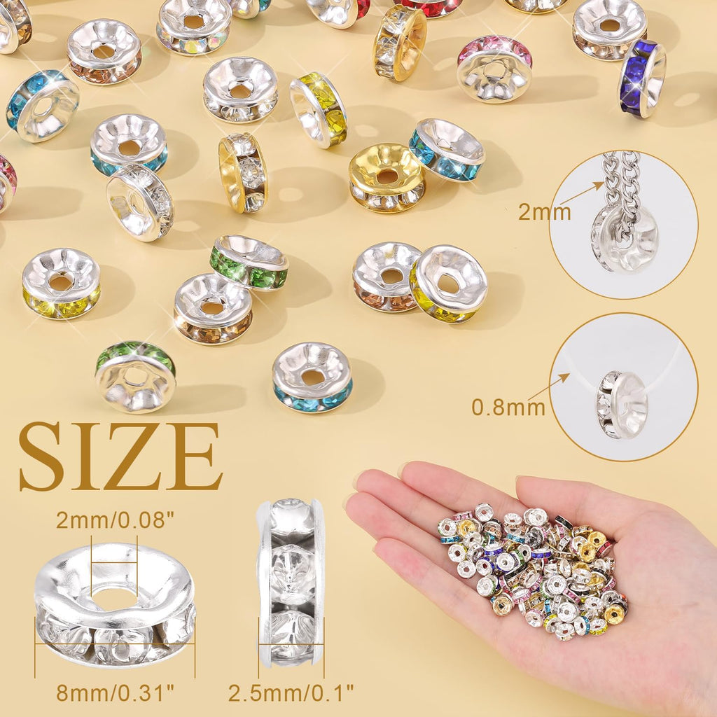 TINKRSTUFF 900 pcs 8mm Spacer Beads for Jewelry Making, 15 Colors Rondelle Bead Spacers Box, Fancy Sparkle Crystal Rhinestone Loose Beads for Bracelet Necklace Earring and Pens DIY Dec