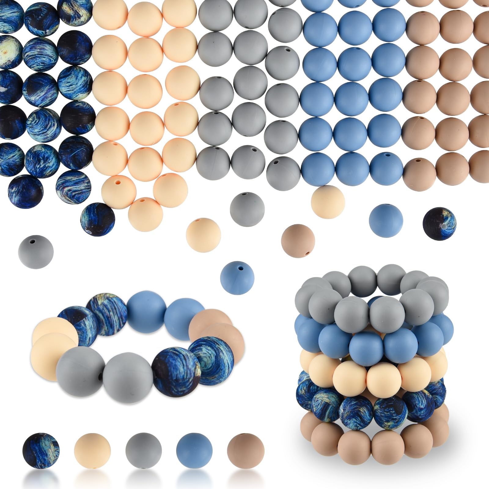 ASTARON 100 Pcs 15mm Silicone Beads for Keychain Making, White Blue Silicone Round Beads Bulk for Bracelets Pens Crafts Supplies