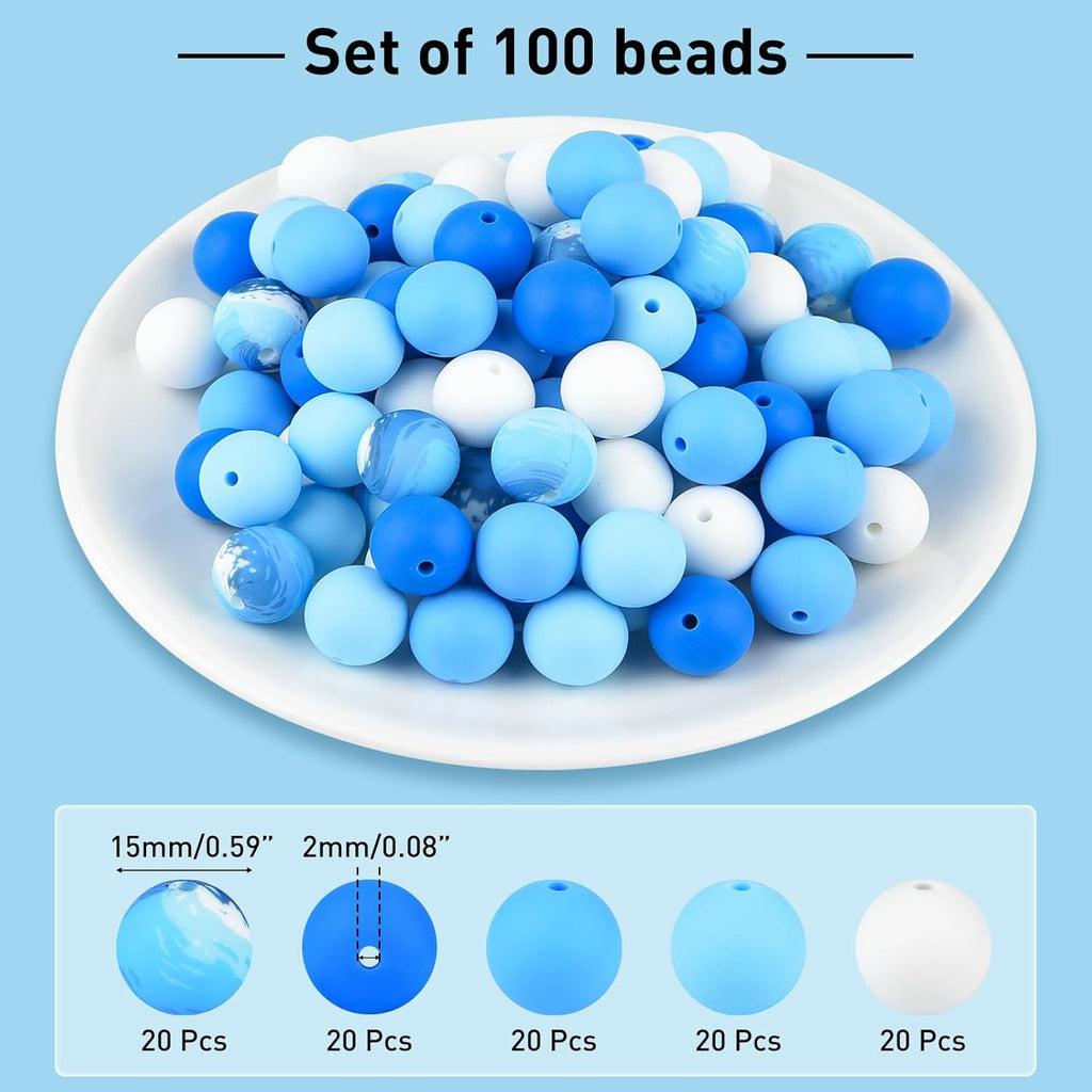 ASTARON 100 Pcs 15mm Silicone Beads for Keychain Making, White Blue Silicone Round Beads Bulk for Bracelets Pens Crafts Supplies
