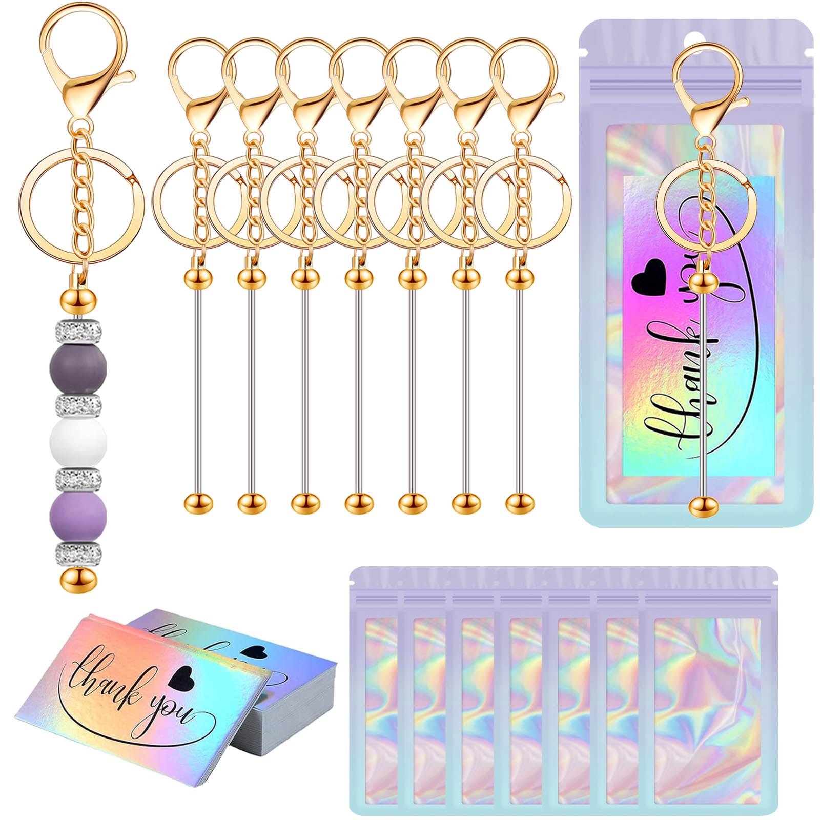 42/84/126 Pcs Beadable Keychain Bars Bulk Blank DIY Beaded Keychain Making Supplies with Bag Thank You Card
