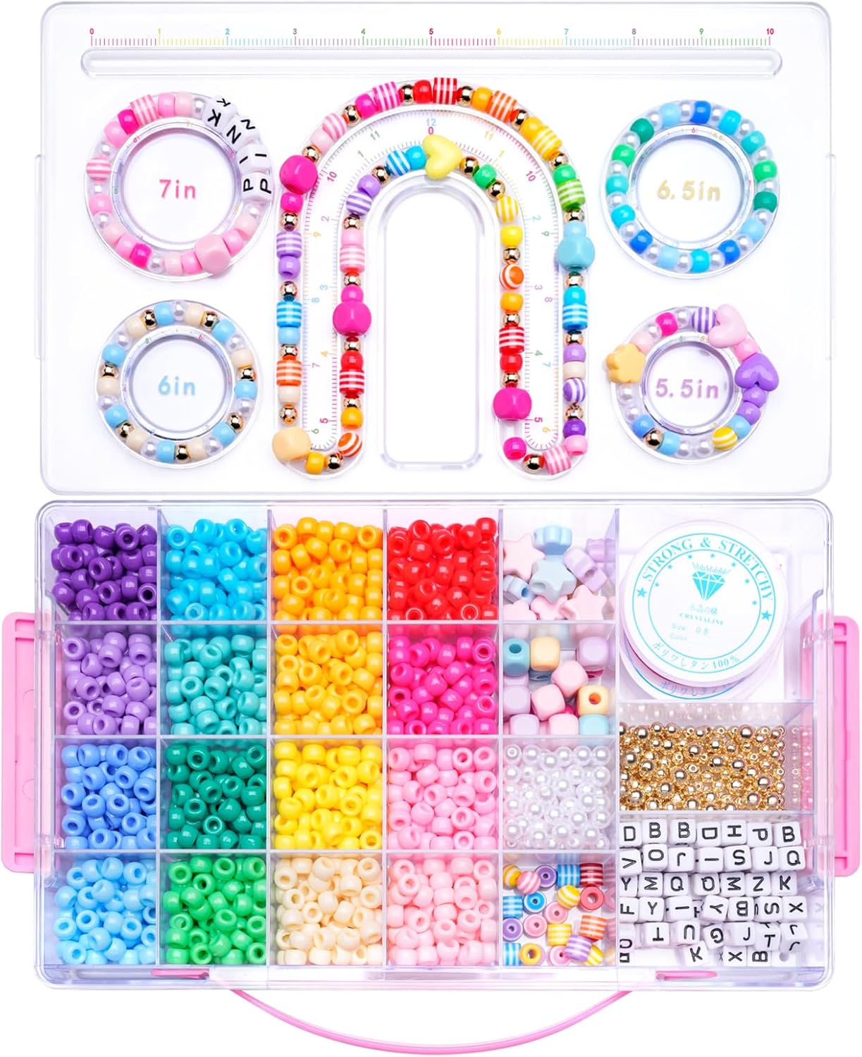 MAKERSLAND Pony Beads Bulk,Kandi Beads,Letter Beads for Friendship Bracelet Making Kits DIY Craft Keychains with Bead Board,Storage Box with Handle,Removable Tray for Kids Teens Adults Birthday Gift