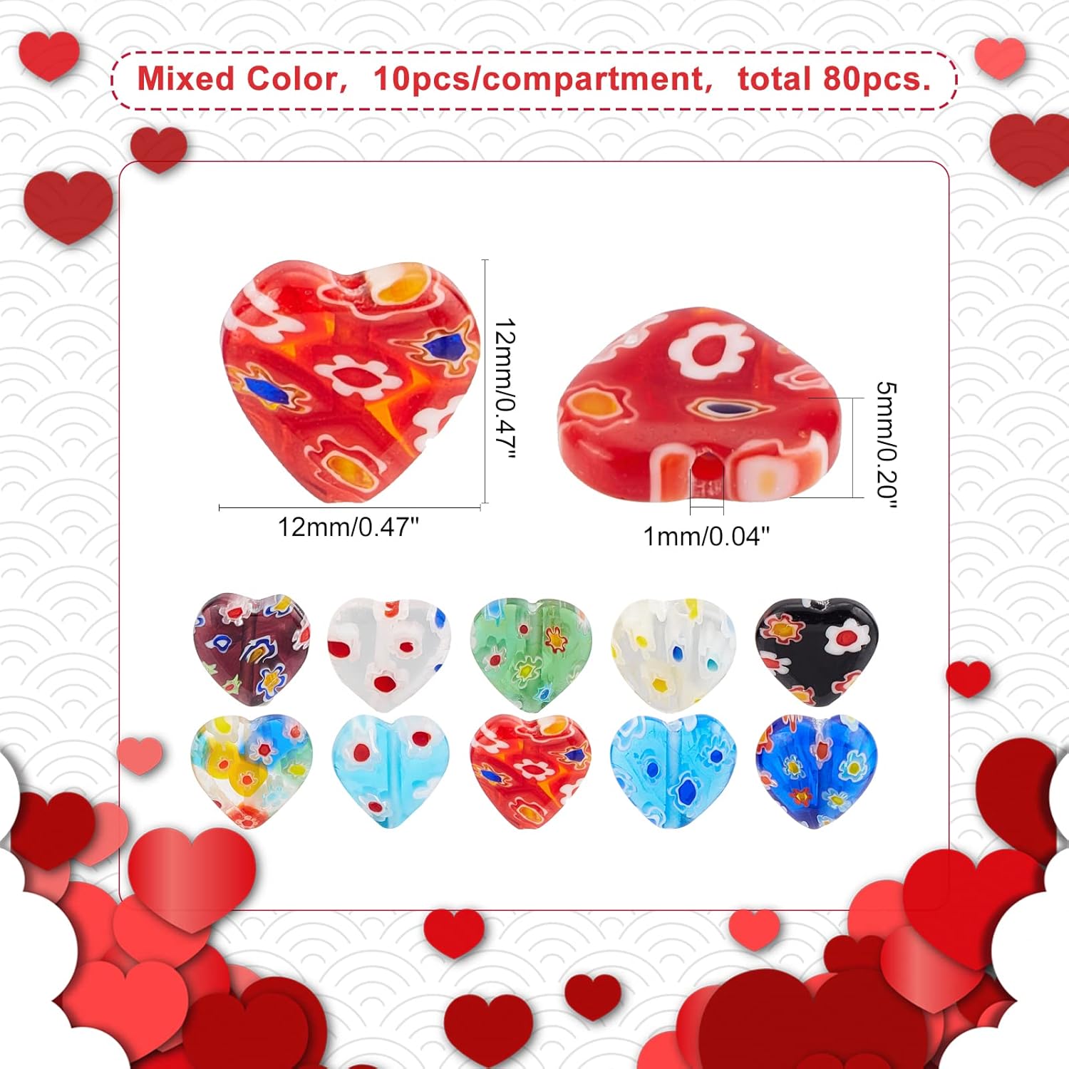 PH PandaHall 12mm Lampwork Flat Heart Glass Beads, 80 Pcs 8 Colors Millefiori Spacer Beads Love Heart Bead Charms for DIY Jewelry Bracelet Neclace Valentine's Mother's Day Birthday Gift