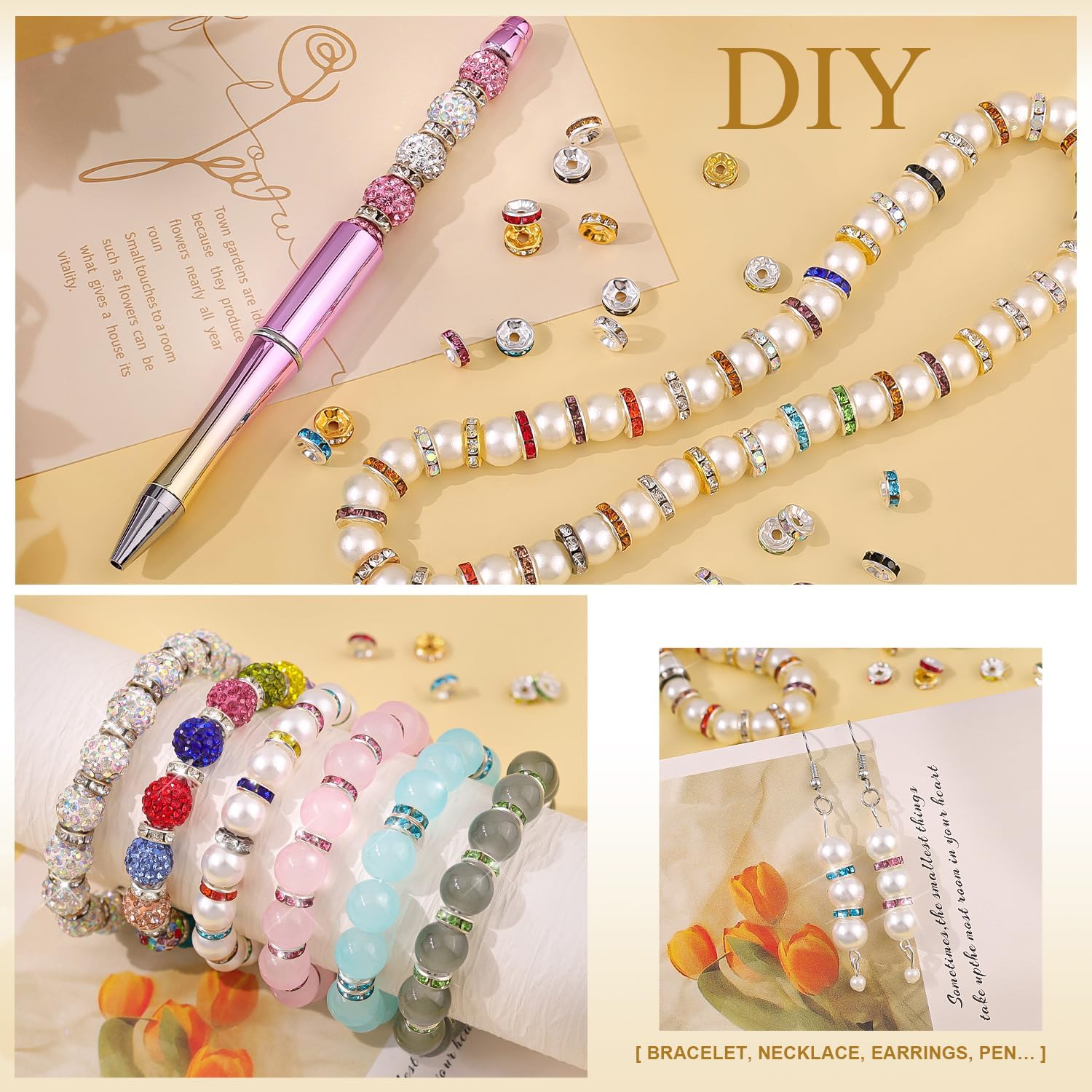 TINKRSTUFF 900 pcs 8mm Spacer Beads for Jewelry Making, 15 Colors Rondelle Bead Spacers Box, Fancy Sparkle Crystal Rhinestone Loose Beads for Bracelet Necklace Earring and Pens DIY Dec