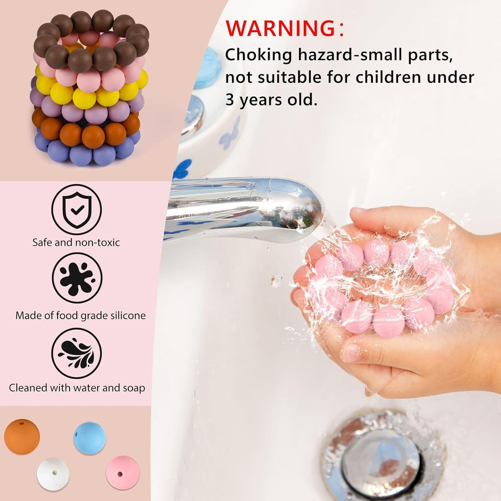 ASTARON 100 Pcs 15mm Silicone Beads for Keychain Making, Yellow Green Blue Pink Silicone Bulk Round Beads for Bracelets Pens Crafts