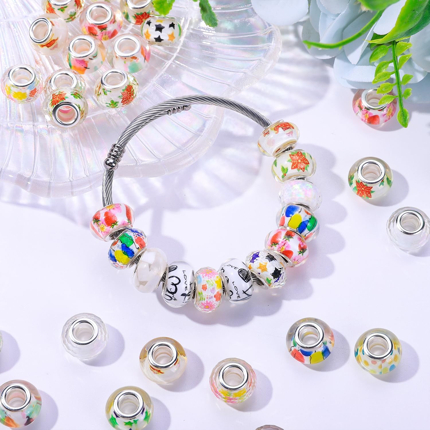 Aipridy Large Hole European Beads, Assorted Mixed Color Lampwork Spacer Beads for DIY Bracelet Jewelry Making, Craft Supplies Kit (100, White)