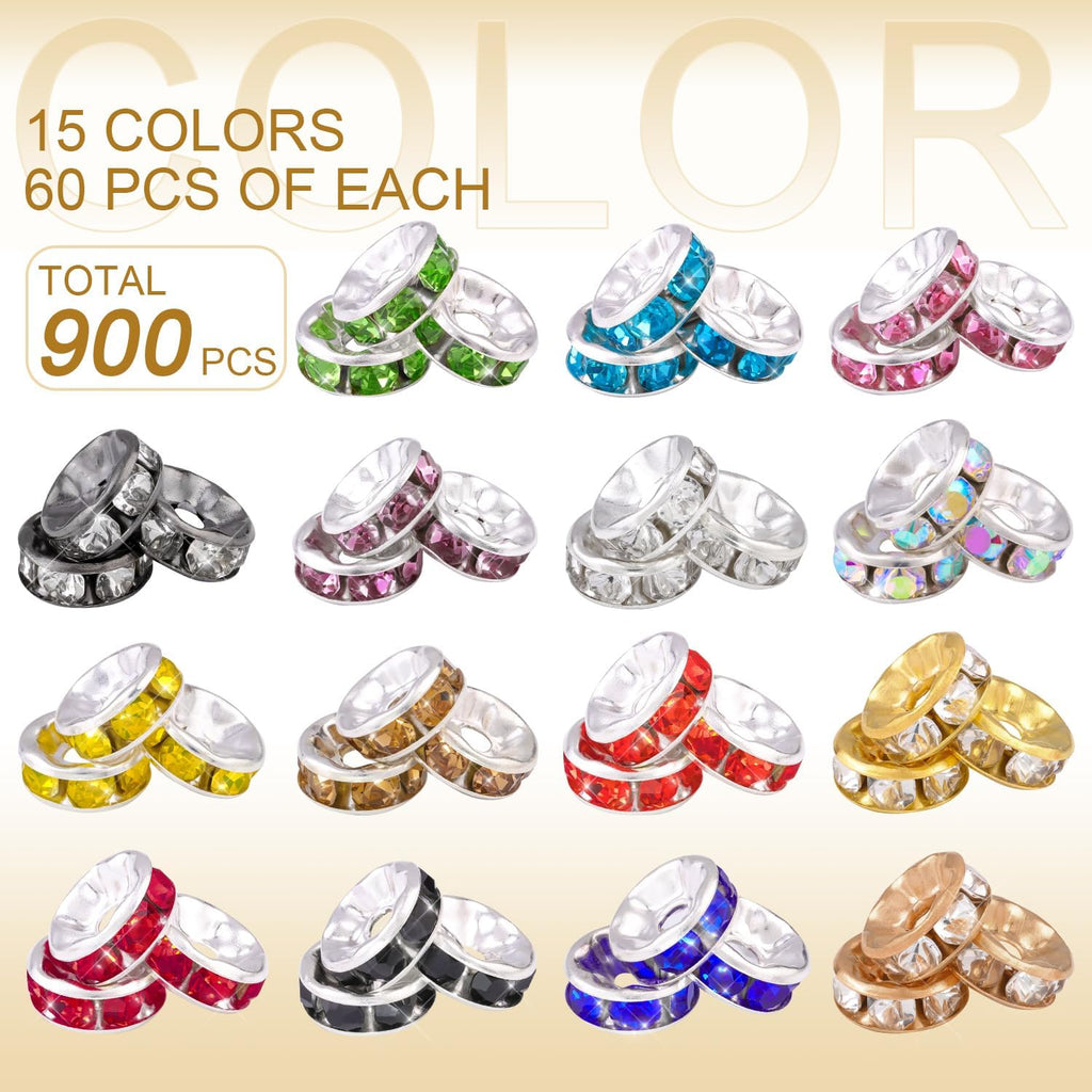 TINKRSTUFF 900 pcs 8mm Spacer Beads for Jewelry Making, 15 Colors Rondelle Bead Spacers Box, Fancy Sparkle Crystal Rhinestone Loose Beads for Bracelet Necklace Earring and Pens DIY Dec