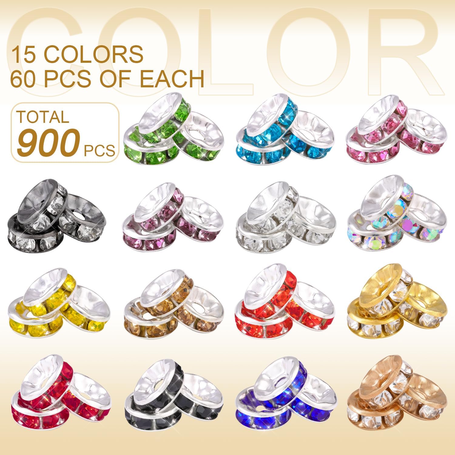 TINKRSTUFF 900 pcs 8mm Spacer Beads for Jewelry Making, 15 Colors Rondelle Bead Spacers Box, Fancy Sparkle Crystal Rhinestone Loose Beads for Bracelet Necklace Earring and Pens DIY Dec