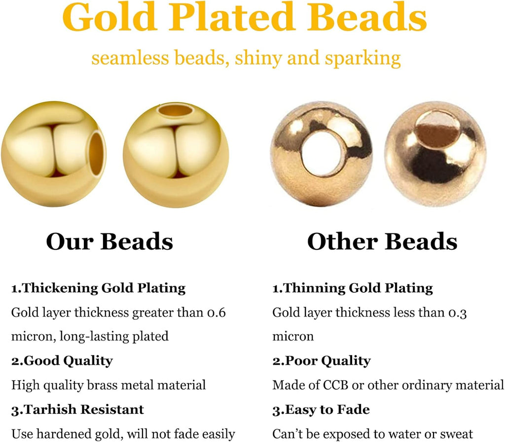 PH PandaHall 14K Gold Plated Spacer Beads, 300pcs Round Brass Beads 5 Size Metal Smooth Beads Seamless Ball Beads Long-lasting Little Beads for Summer Bracelet Necklace Jewelry DIY Crafts(2/3/4/5/6mm)