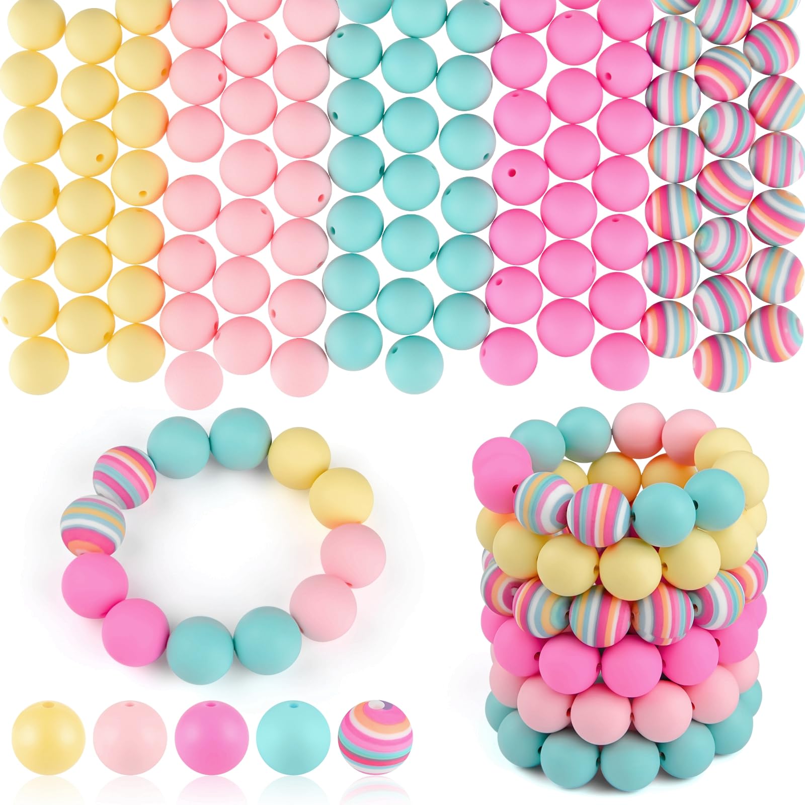 ASTARON 100 Pcs 15mm Silicone Beads for Keychain Making, White Blue Silicone Round Beads Bulk for Bracelets Pens Crafts Supplies