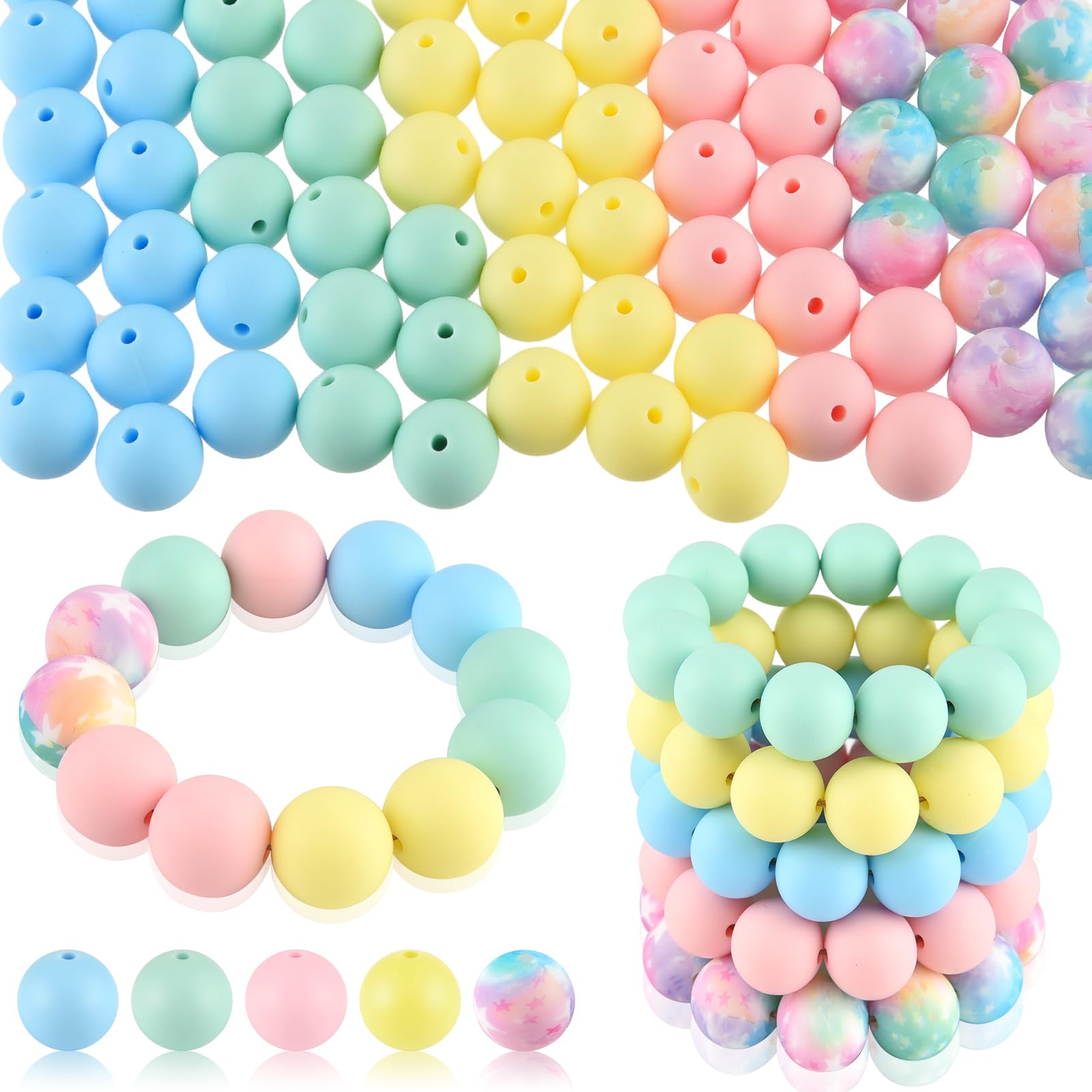 ASTARON 100 Pcs 15mm Silicone Beads for Keychain Making, White Blue Silicone Round Beads Bulk for Bracelets Pens Crafts Supplies