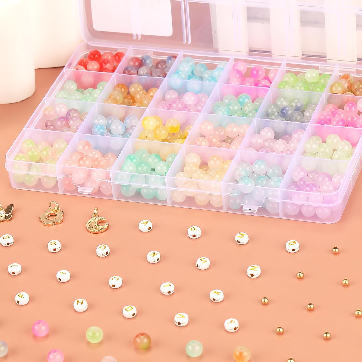 760PCS 8mm Glass Beads for Jewelry Making 24 Color Crystal Beads Bracelet Making Kit Gradient Round Bead for DIY Earrings Necklaces Rings with Letter Bead for Bracelets&Charms Accessories