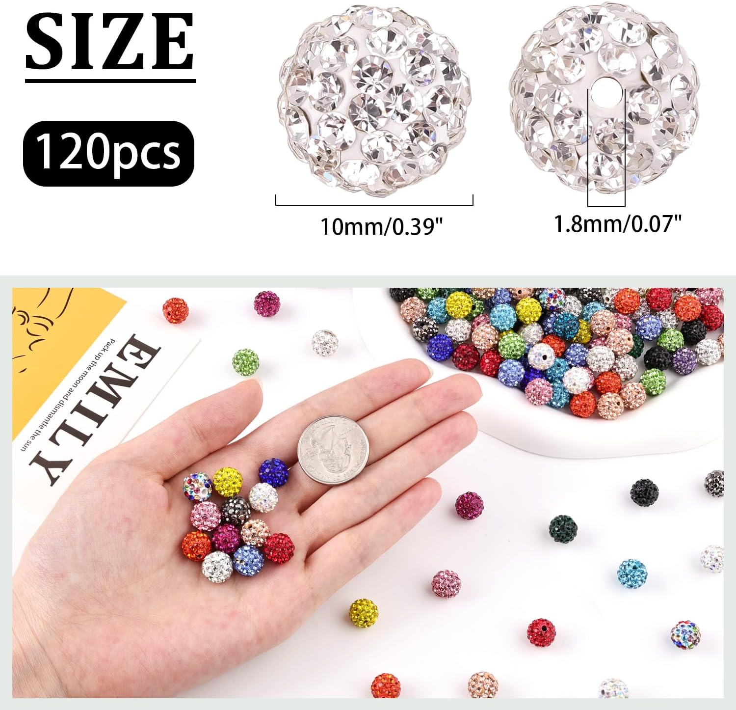 120 pcs 10mm Rhinestone Beads for Jewelry Making, 12 Mixed Colors Shiny Round Shamballa Disco Ball Beads, Sparkle Crystal Clay Christmas for Bracelet Baseball Necklace Earring and DIY