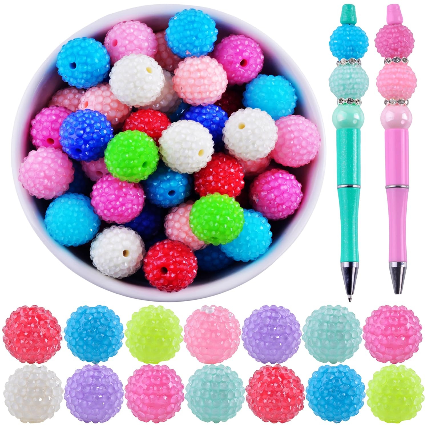 20mm Rhinestone Beads for Pens 20pcs Beaded Pens Beads Bling Glitter Suger Bugglegum Beads Large Balls Crystal Pen Beads for DIY Pens Keychain Making Suppliers Bulk