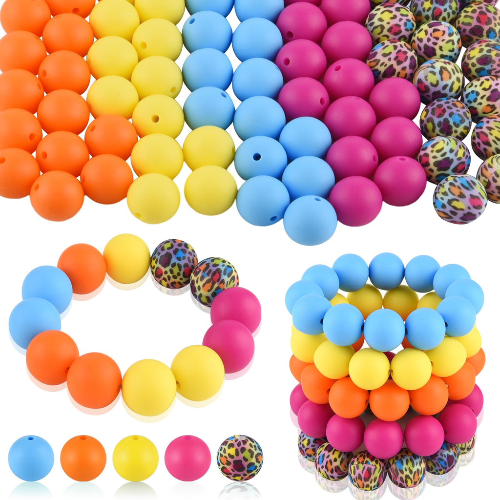 ASTARON 100 Pcs 15mm Silicone Beads for Keychain Making, Yellow Green Blue Pink Silicone Bulk Round Beads for Bracelets Pens Crafts