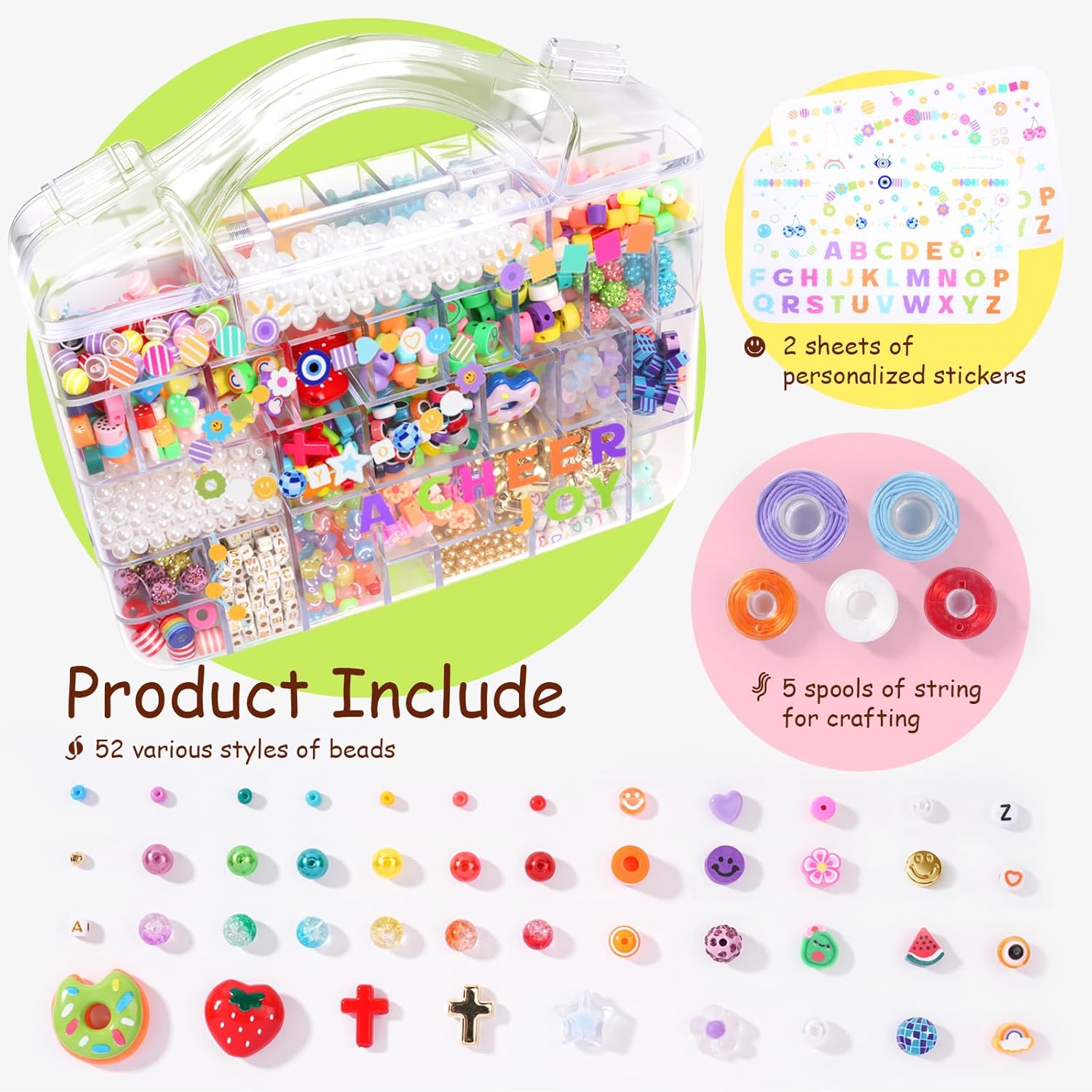 Bracelet Making Kit with 2000+ Pcs Beads (50 Types) – Pony, Kandi, Polymer Clay, Smile Face & Letter Beads for Jewelry Making, DIY Craft Set with Storage Box for Kids Adults