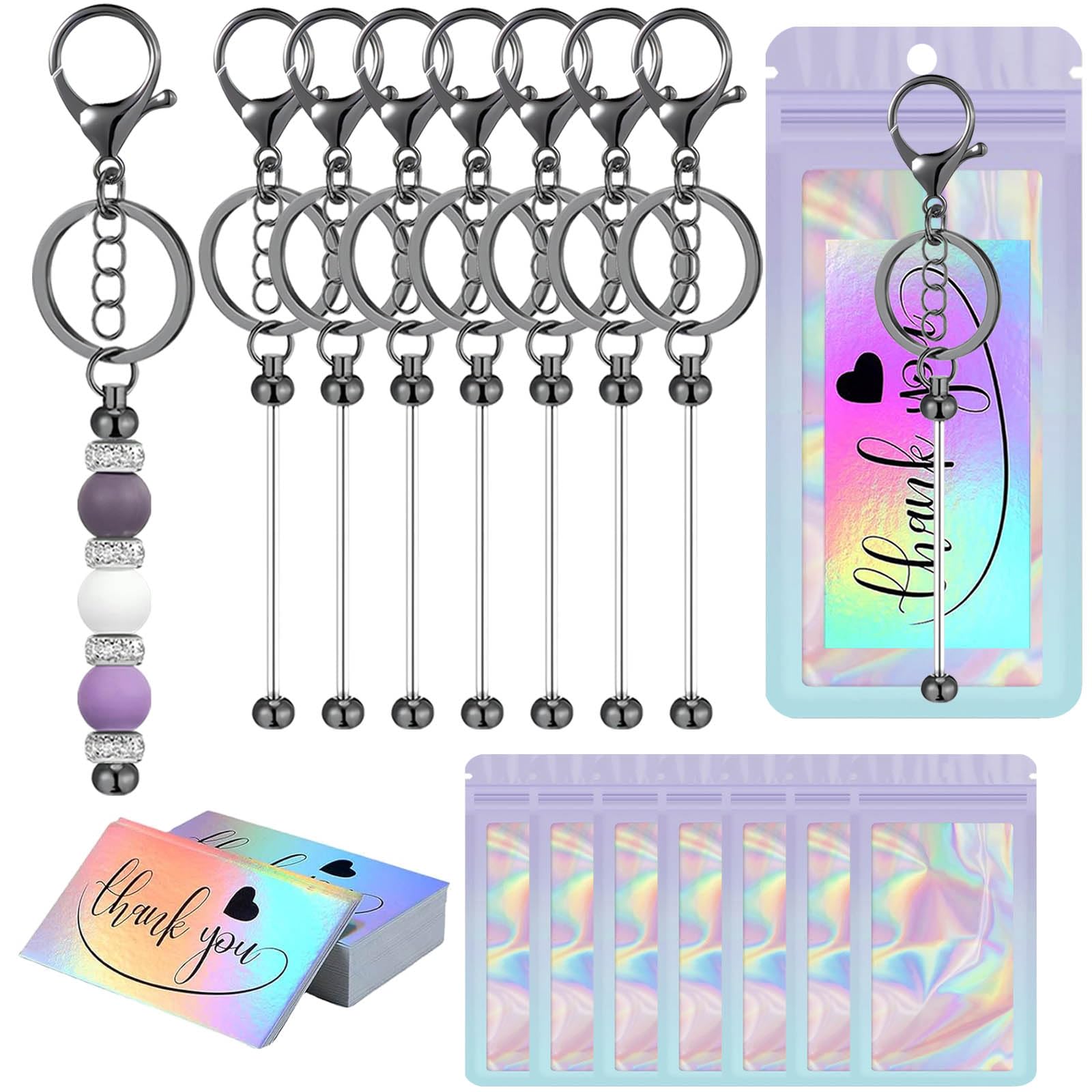 42/84/126 Pcs Beadable Keychain Bars Bulk Blank DIY Beaded Keychain Making Supplies with Bag Thank You Card