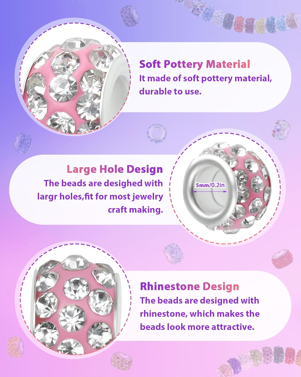 120PCS FIVEIZERO Rhinestone Large Hole Beads for Jewelry Making, 20 Colors Rhinestone European Bead Bulk Spacer Beads for Beadable Pens, DIY Crafts
