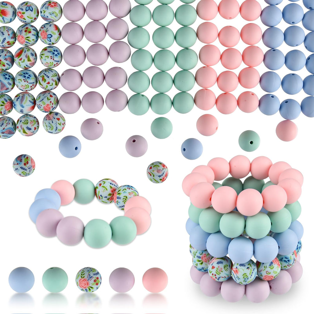 ASTARON 100 Pcs 15mm Silicone Beads for Keychain Making, Yellow Green Blue Pink Silicone Bulk Round Beads for Bracelets Pens Crafts