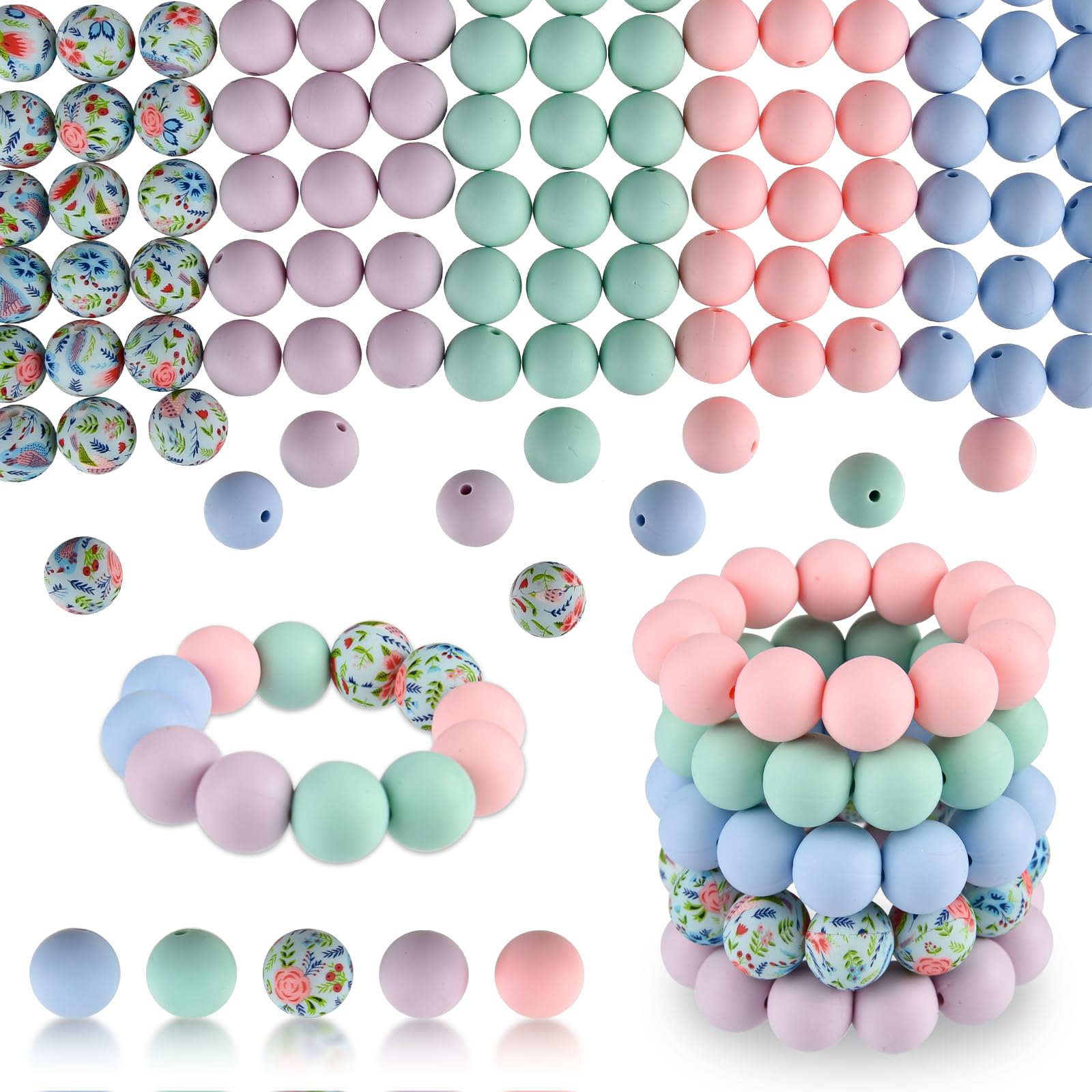 ASTARON 100 Pcs 15mm Silicone Beads for Keychain Making, Yellow Green Blue Pink Silicone Bulk Round Beads for Bracelets Pens Crafts