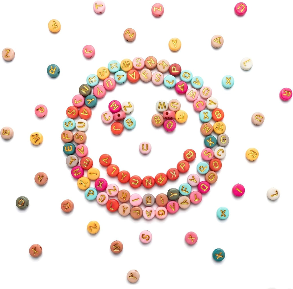 SUTOUG 1010PCS Colourful Letter Beads for Threading, 4 x 7 MM Acrylic Round Beads for Jewellery DIY Making Crafts Bracelets Necklaces Ornaments-Gold