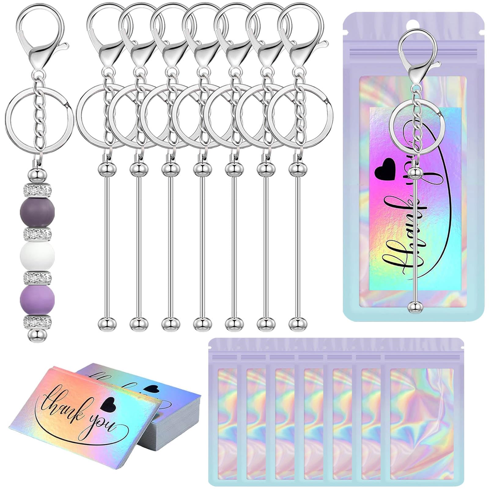 42/84/126 Pcs Beadable Keychain Bars Bulk Blank DIY Beaded Keychain Making Supplies with Bag Thank You Card