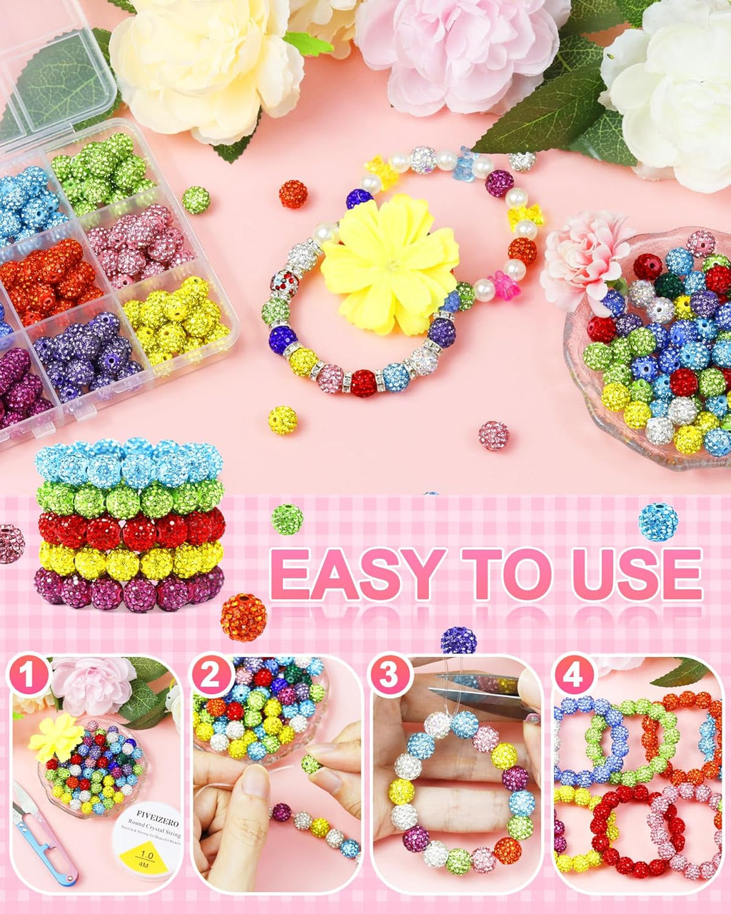 200PCS FIVEIZERO Rhinestone Beads for Jewelry Making, 15 Colors Round Sparkle Crystal Clay Bead Bulk Sparkly Baseball Necklace Beads for Bracelets and DIY Crafts