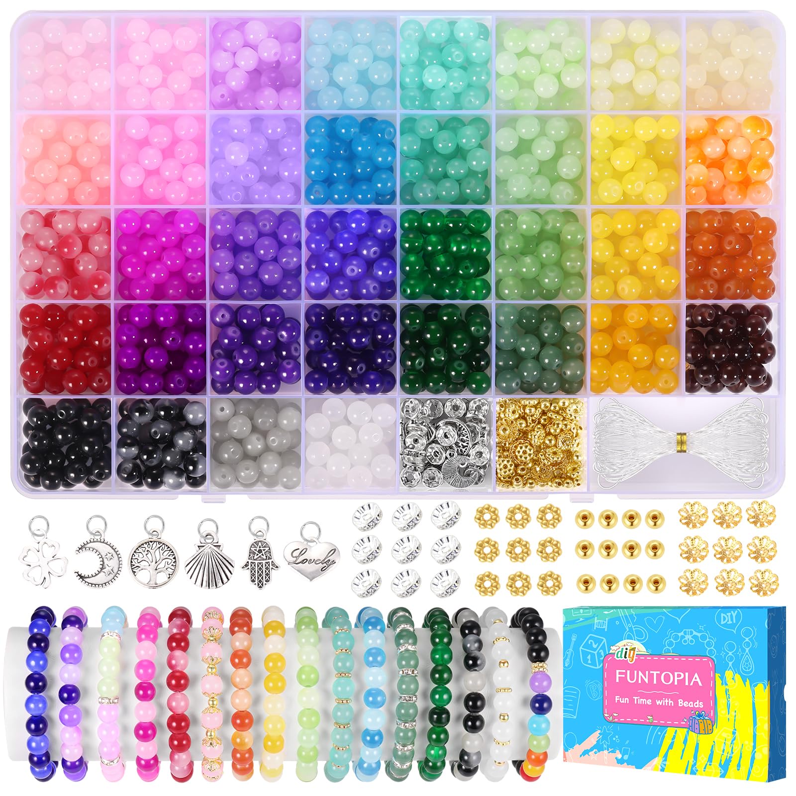 1368pcs 6mm Glass Beads for Bracelets, 34 Colors Crystal Beads for Jewelry Making, Funtopia Round Glass Beads for DIY Earrings Necklace Crafts with Spacer Beads and Charms, Solid and Gradient Colors