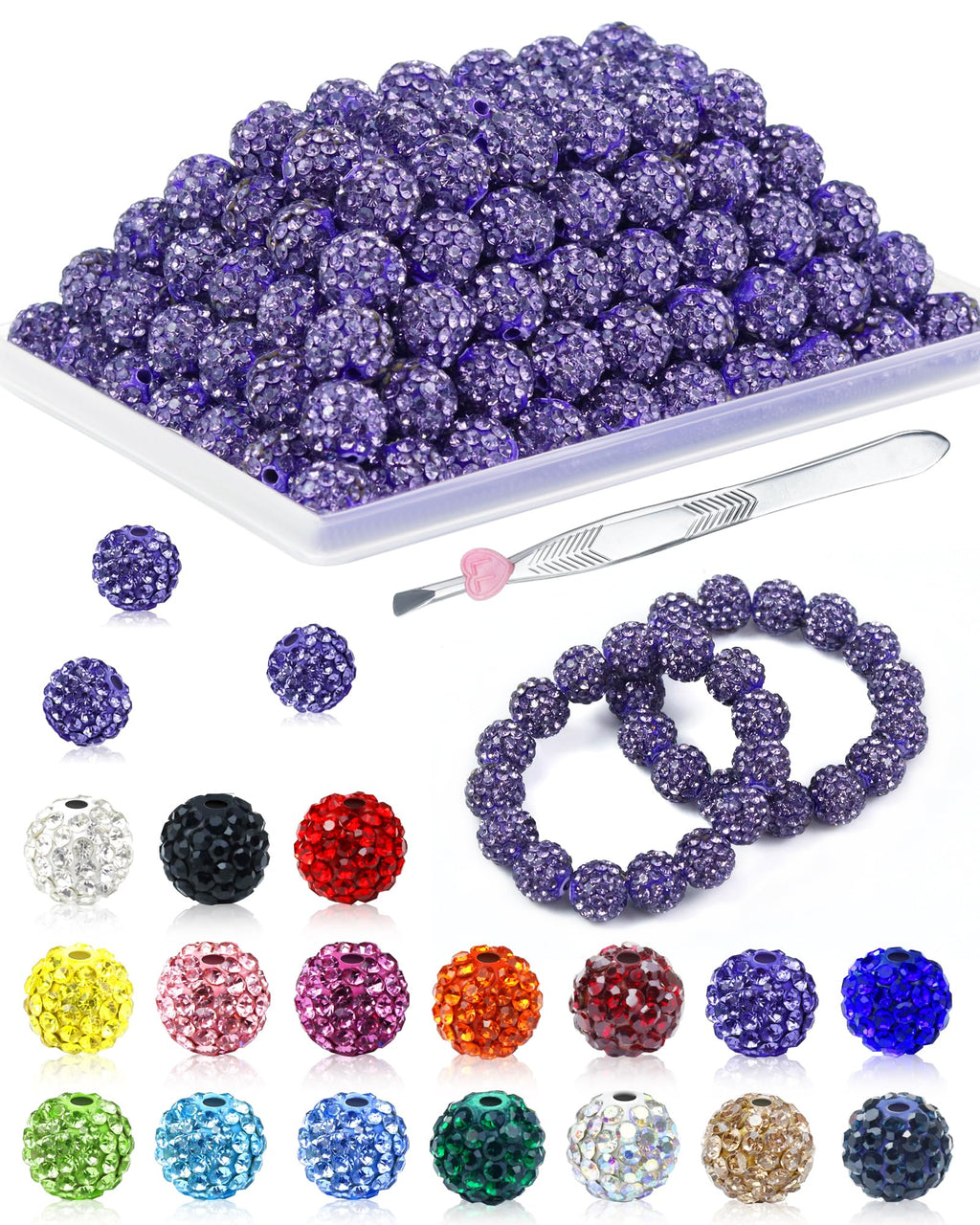 200PCS FIVEIZERO Rhinestone Beads for Jewelry Making, 15 Colors Round Sparkle Crystal Clay Bead Bulk Sparkly Baseball Necklace Beads for Bracelets and DIY Crafts