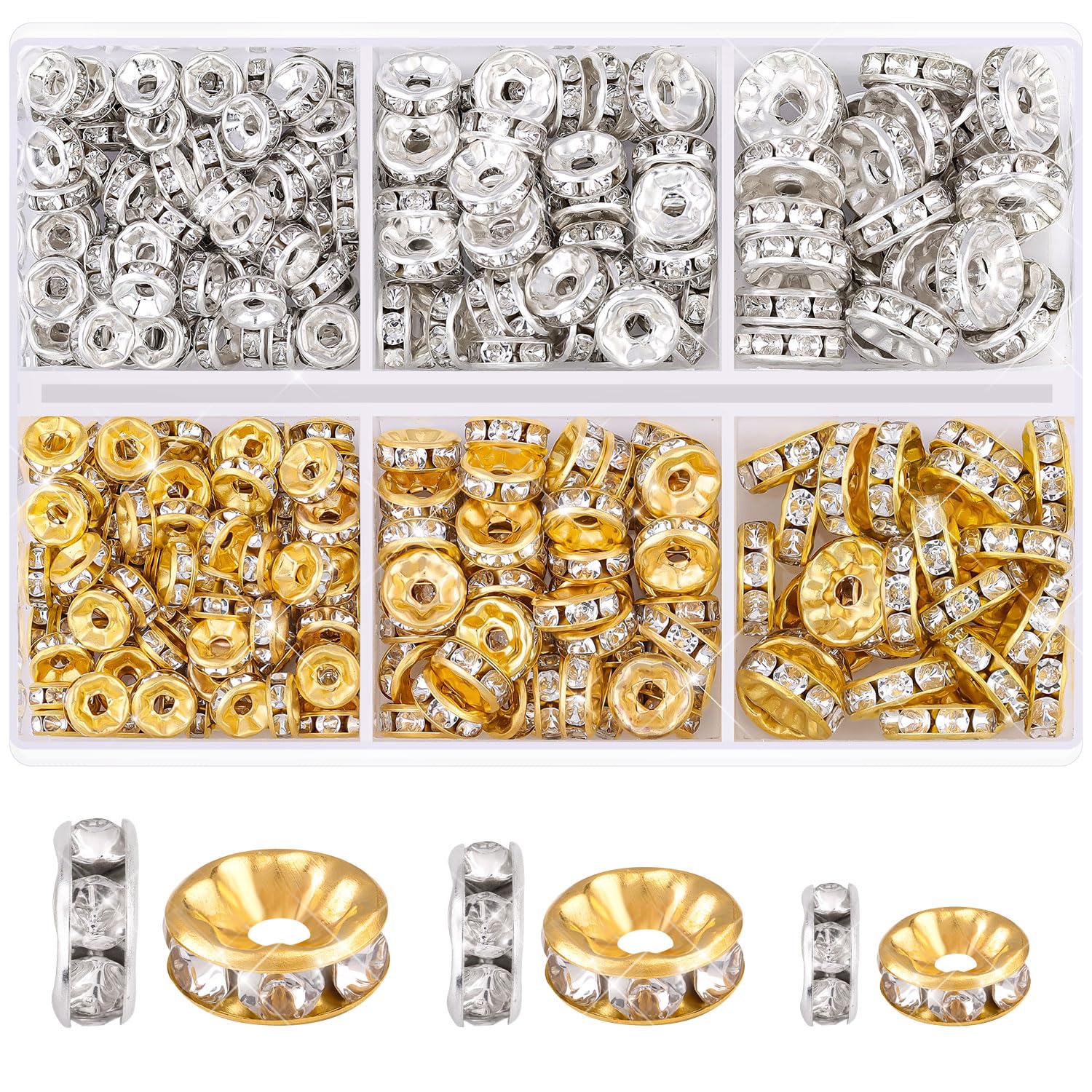 TINKRSTUFF 900 pcs 8mm Spacer Beads for Jewelry Making, 15 Colors Rondelle Bead Spacers Box, Fancy Sparkle Crystal Rhinestone Loose Beads for Bracelet Necklace Earring and Pens DIY Dec