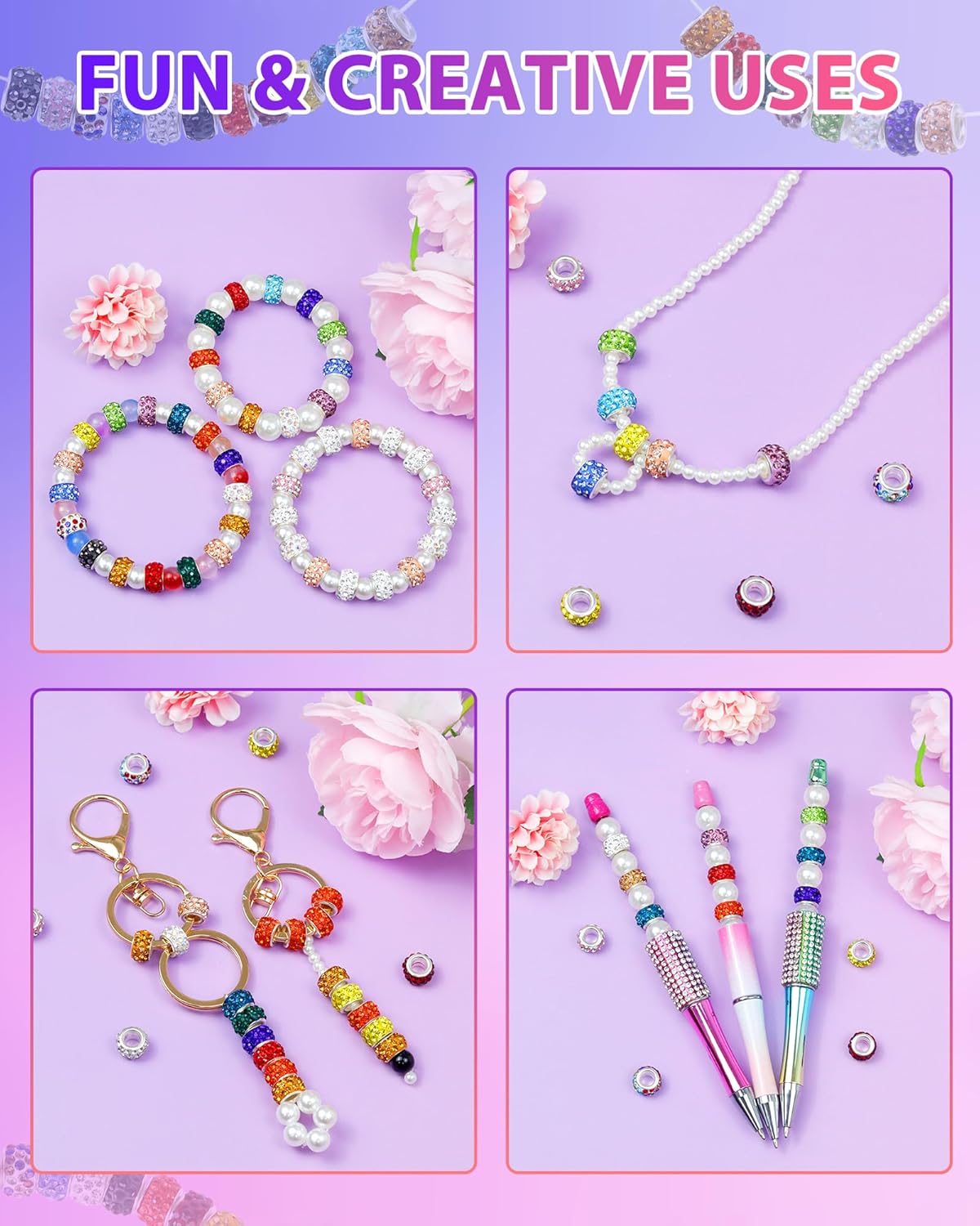 120PCS FIVEIZERO Rhinestone Large Hole Beads for Jewelry Making, 20 Colors Rhinestone European Bead Bulk Spacer Beads for Beadable Pens, DIY Crafts