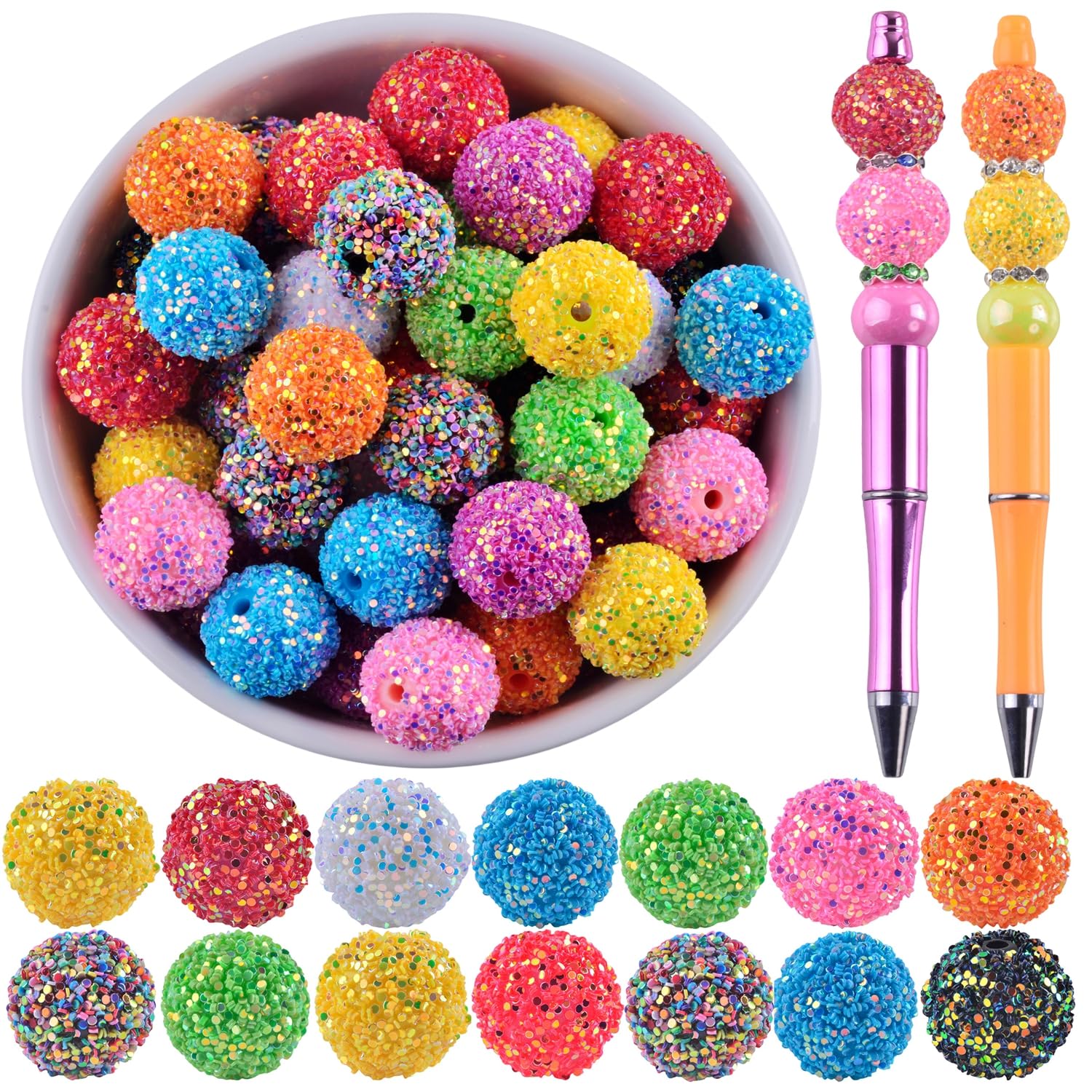 20mm Rhinestone Beads for Pens 20pcs Beaded Pens Beads Bling Glitter Suger Bugglegum Beads Large Balls Crystal Pen Beads for DIY Pens Keychain Making Suppliers Bulk