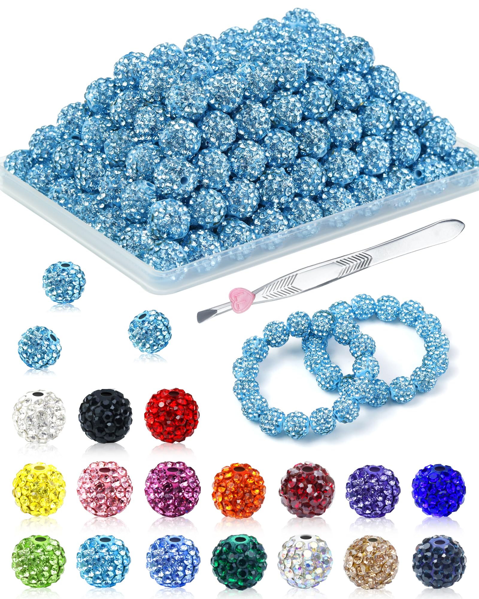 200PCS FIVEIZERO Rhinestone Beads for Jewelry Making, 15 Colors Round Sparkle Crystal Clay Bead Bulk Sparkly Baseball Necklace Beads for Bracelets and DIY Crafts