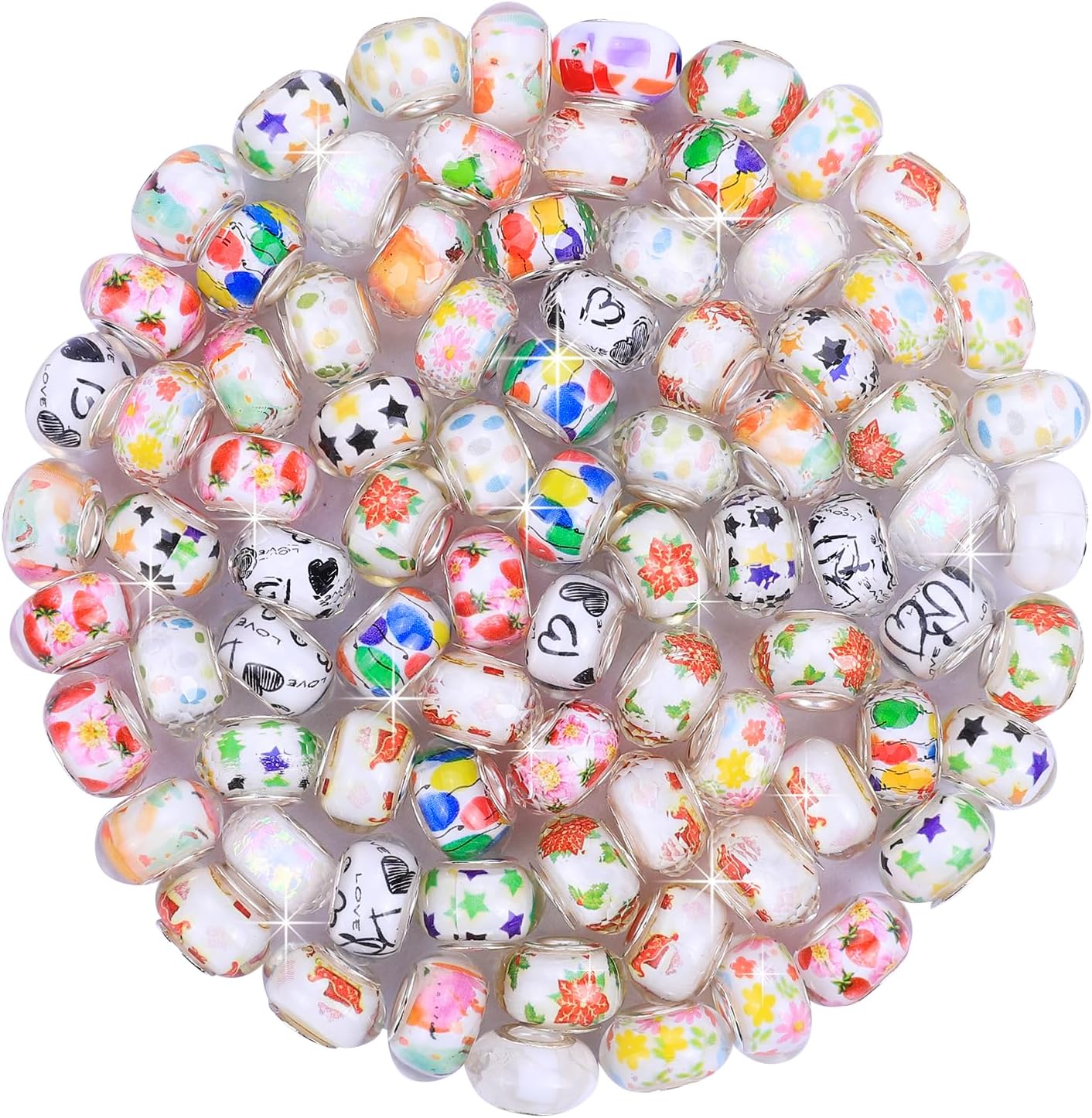 Aipridy Large Hole European Beads, Assorted Mixed Color Lampwork Spacer Beads for DIY Bracelet Jewelry Making, Craft Supplies Kit (100, White)