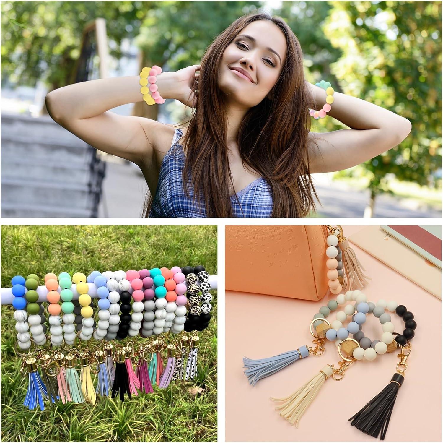 ASTARON 100 Pcs 15mm Silicone Beads for Keychain Making, Yellow Green Blue Pink Silicone Bulk Round Beads for Bracelets Pens Crafts