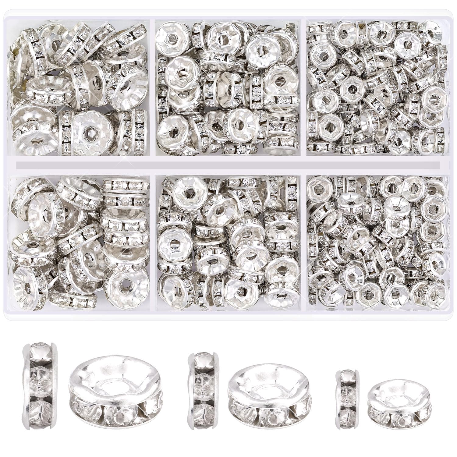 TINKRSTUFF 900 pcs 8mm Spacer Beads for Jewelry Making, 15 Colors Rondelle Bead Spacers Box, Fancy Sparkle Crystal Rhinestone Loose Beads for Bracelet Necklace Earring and Pens DIY Dec