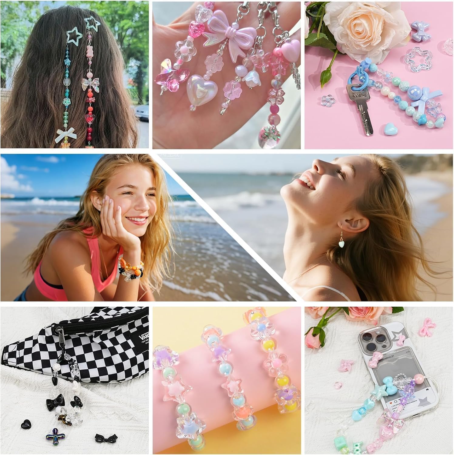Sistenia 480PCS Acrylic Beads for Bracelet Making Kit with String, 6 Colors Assorted Cute Beads Bracelet Charms for Jewelry Making, Kawaii Bow Star Flower Shape for DIY Keychain Bag Necklace Charms