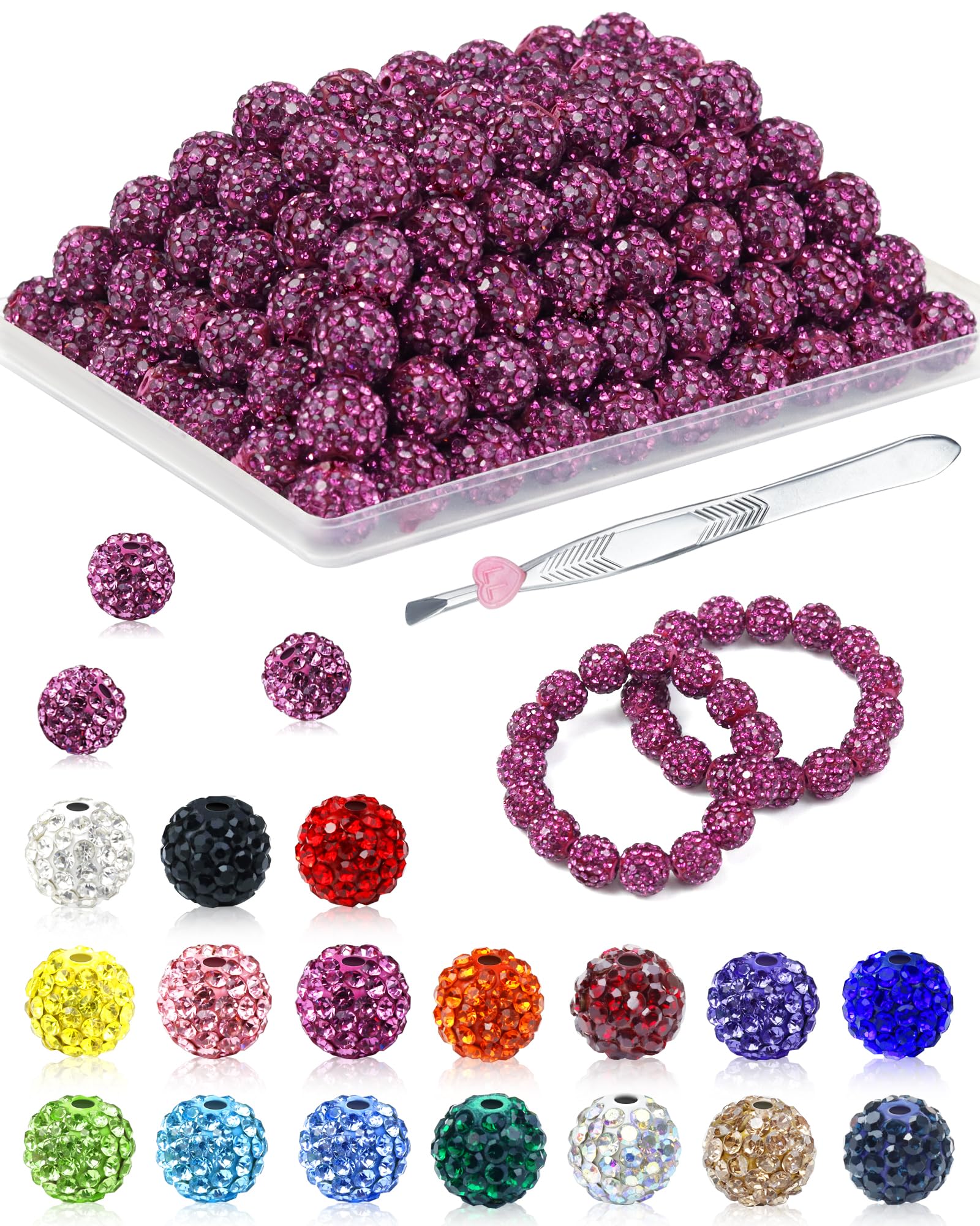 200PCS FIVEIZERO Rhinestone Beads for Jewelry Making, 15 Colors Round Sparkle Crystal Clay Bead Bulk Sparkly Baseball Necklace Beads for Bracelets and DIY Crafts
