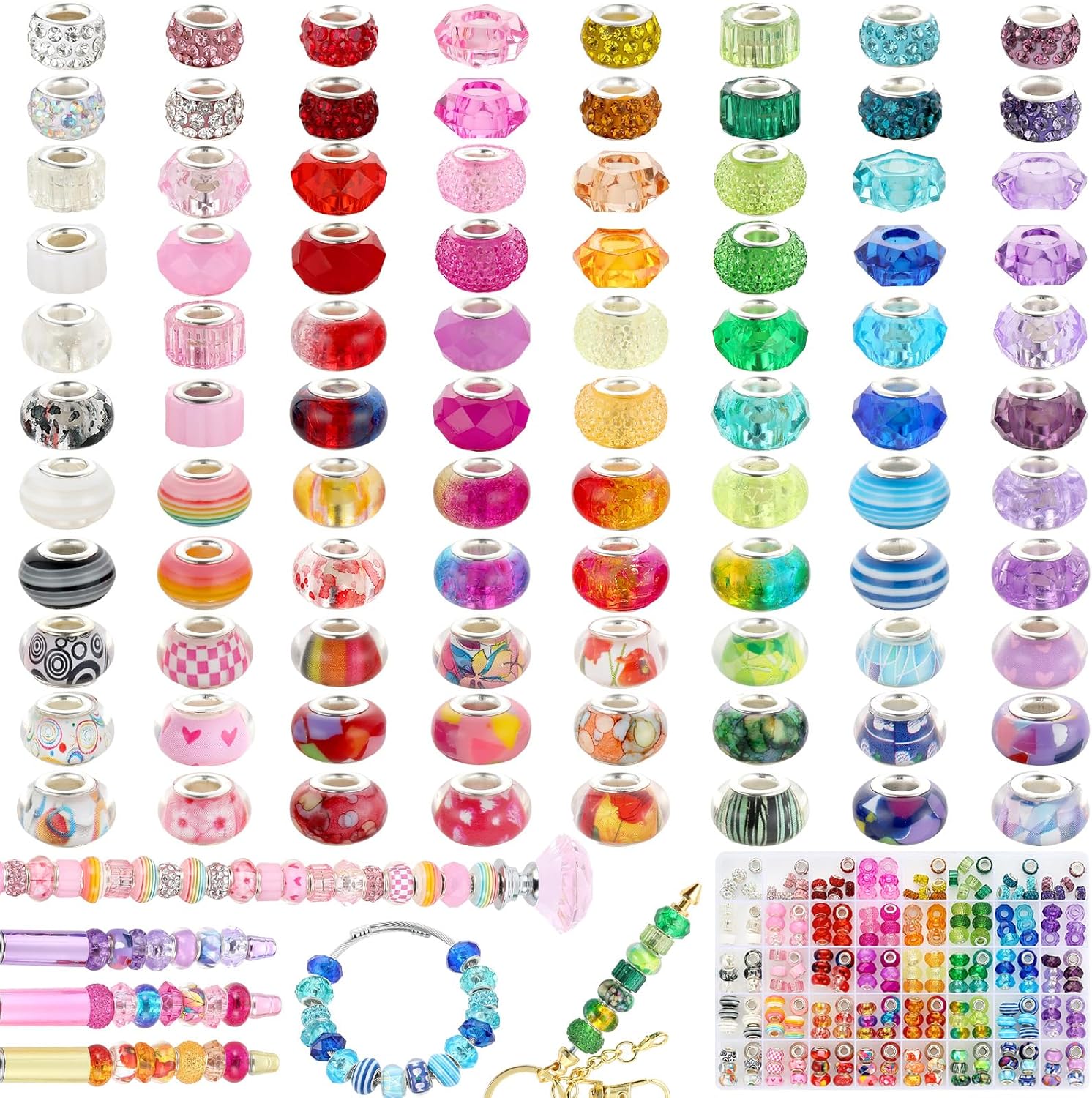 240 Pcs Large Hole Beads, Funtopia 40 Grids Rainbow European Beads for Crafts, Colorful Spacer Bead for Jewelry Making, DIY Charm Bracelets Necklaces Pens and Decorative Crafts, for Girls and Adults