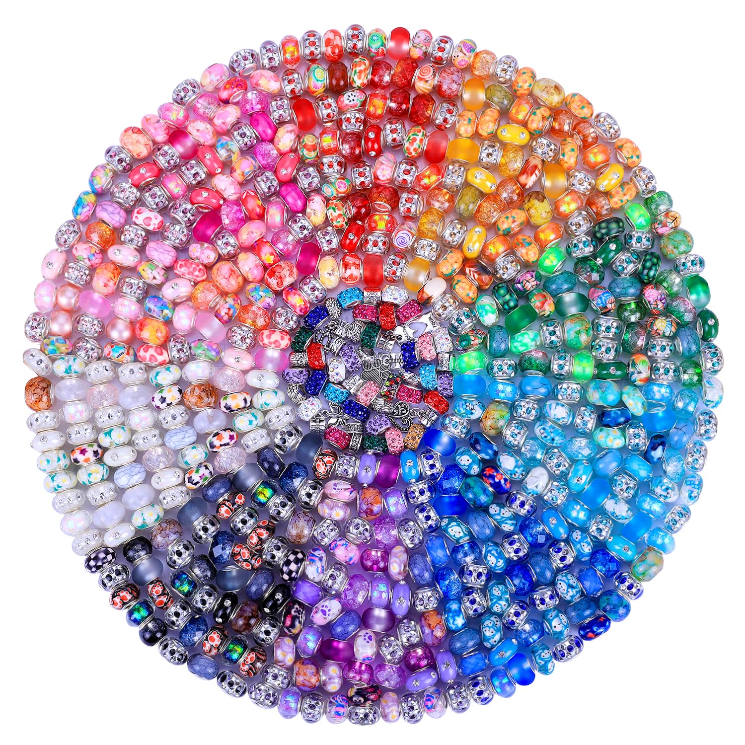 Aipridy Large Hole European Beads, Assorted Mixed Color Lampwork Spacer Beads for DIY Bracelet Jewelry Making, Craft Supplies Kit (100, White)